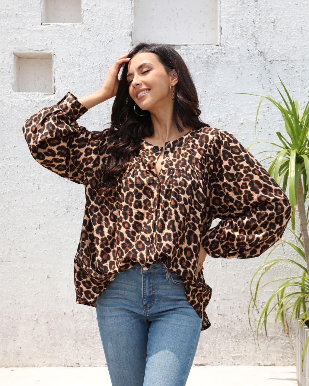 Leopard Print Puff Sleeves Button Up Shirt