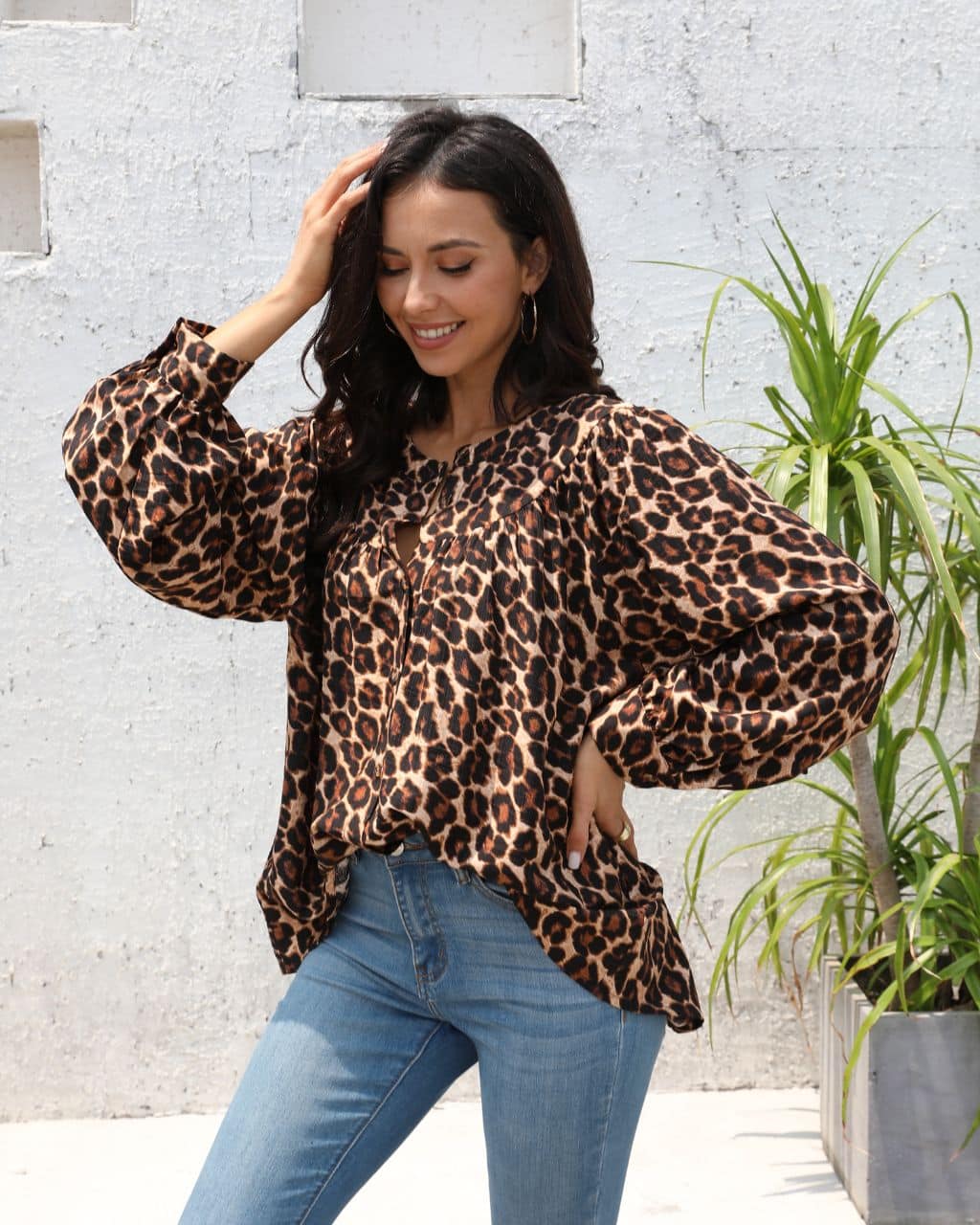 Leopard Print Puff Sleeves Button Up Shirt