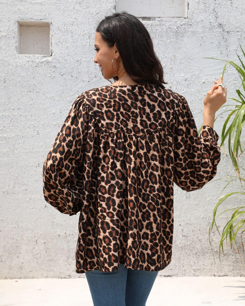 Leopard Print Puff Sleeves Button Up Shirt