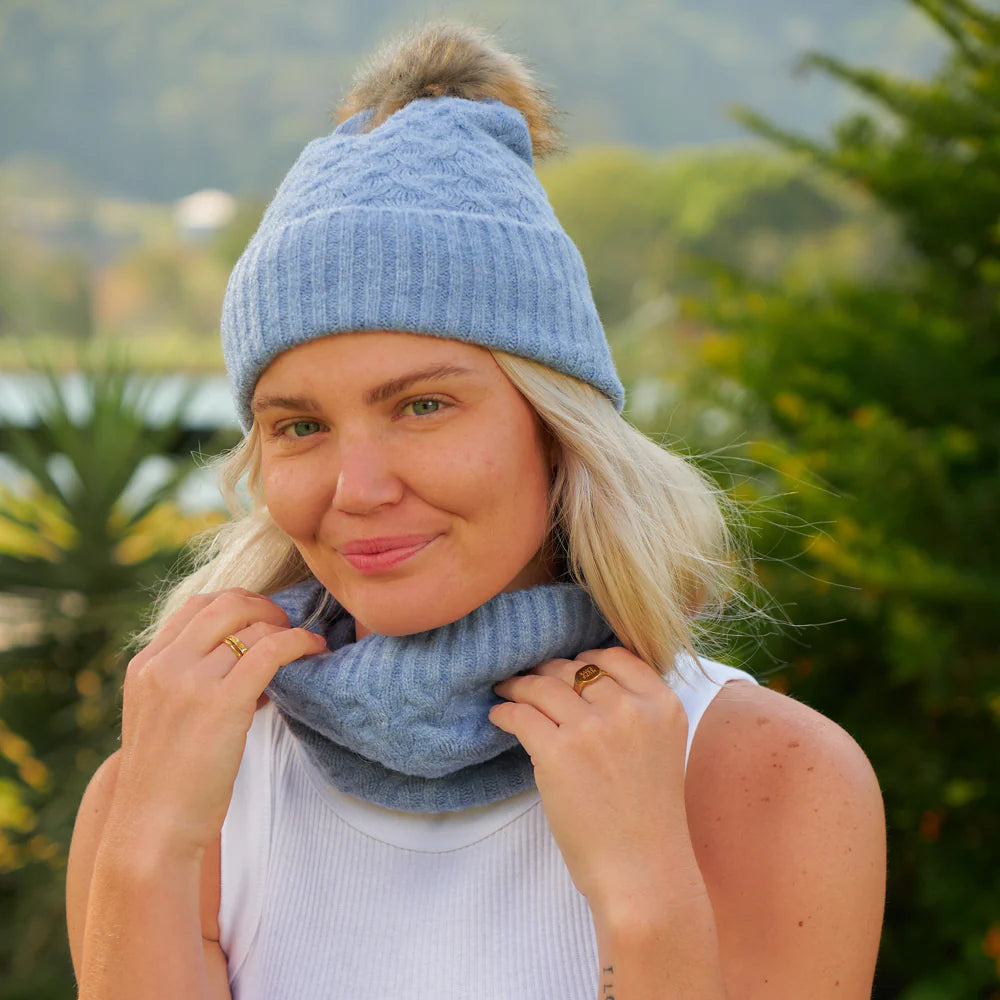 Cable Knit Snood &amp; Beanie Set - Blue Marle