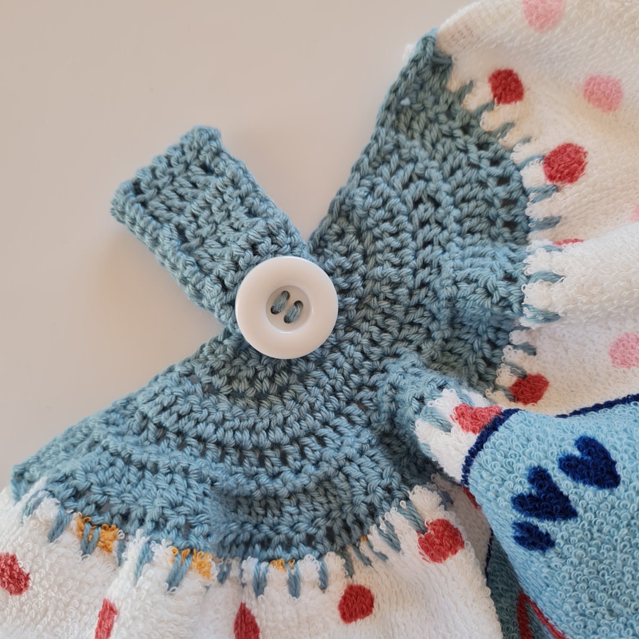 Crochet topped hanging kitchen hand towel - Baked With Love