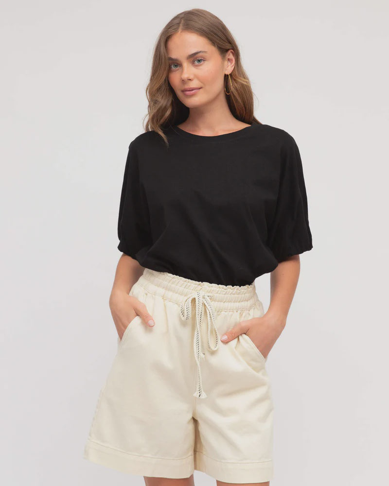 Cream Denim Plain Shorts