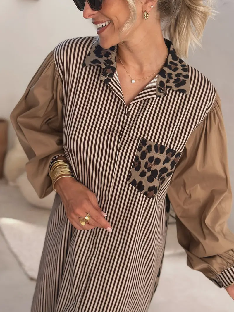 Leopard Stripe Shirt Maxi Dress