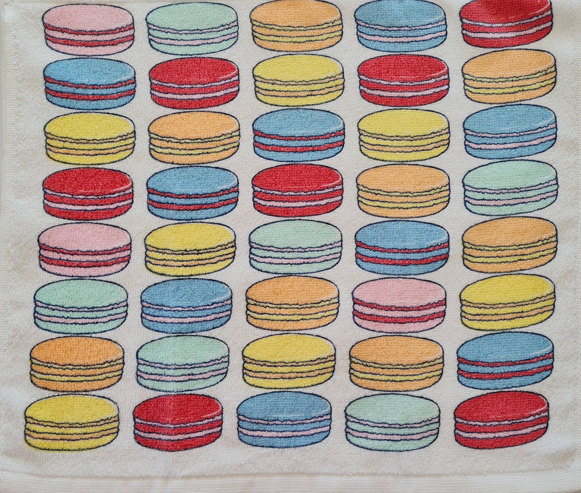 Crochet topped hanging kitchen hand towel - Macarons
