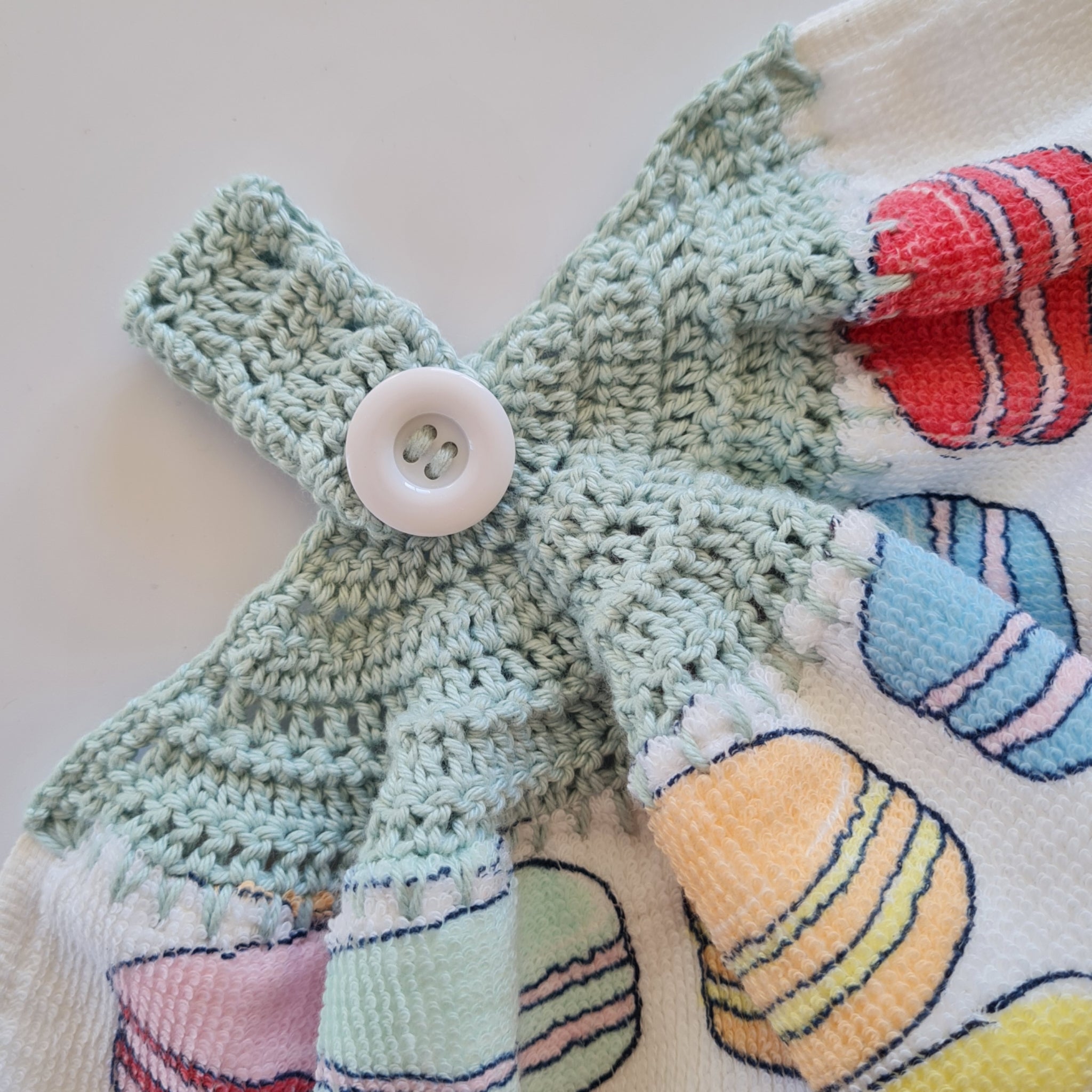 Crochet topped hanging kitchen hand towel - Macarons
