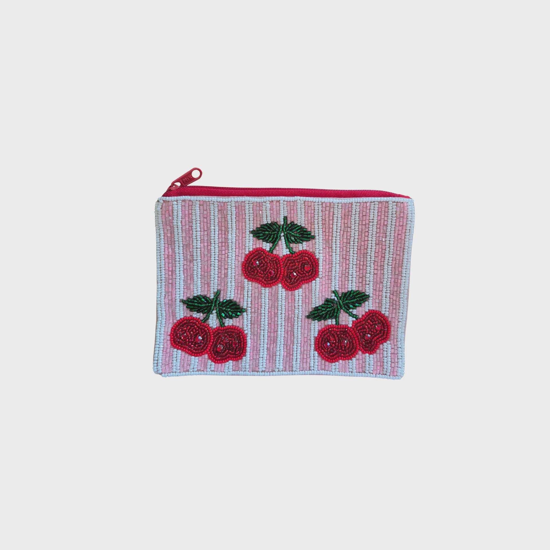 Pink & White Beaded Cherries Zip Pouch