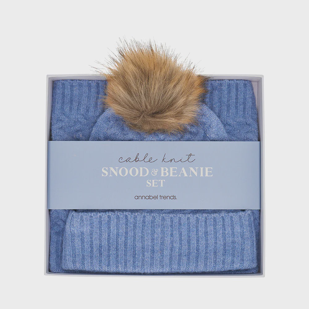 Cable Knit Snood & Beanie Set - Blue Marle
