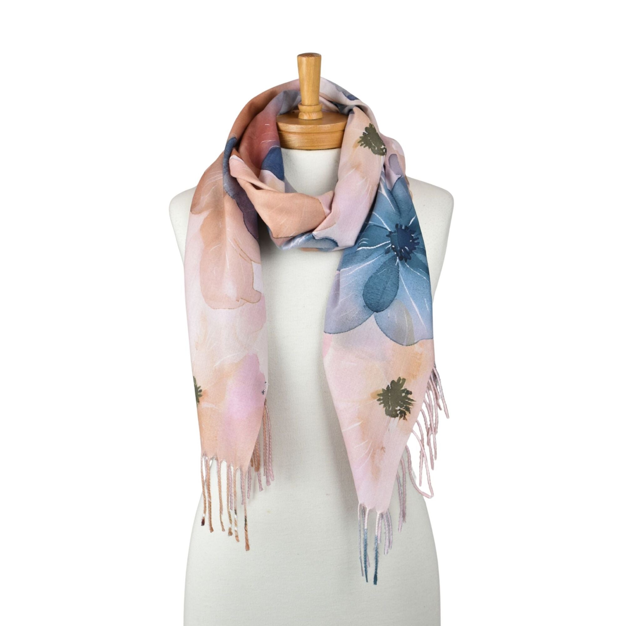 Watercolour Floral Fringed Scarf - Brown & Teal