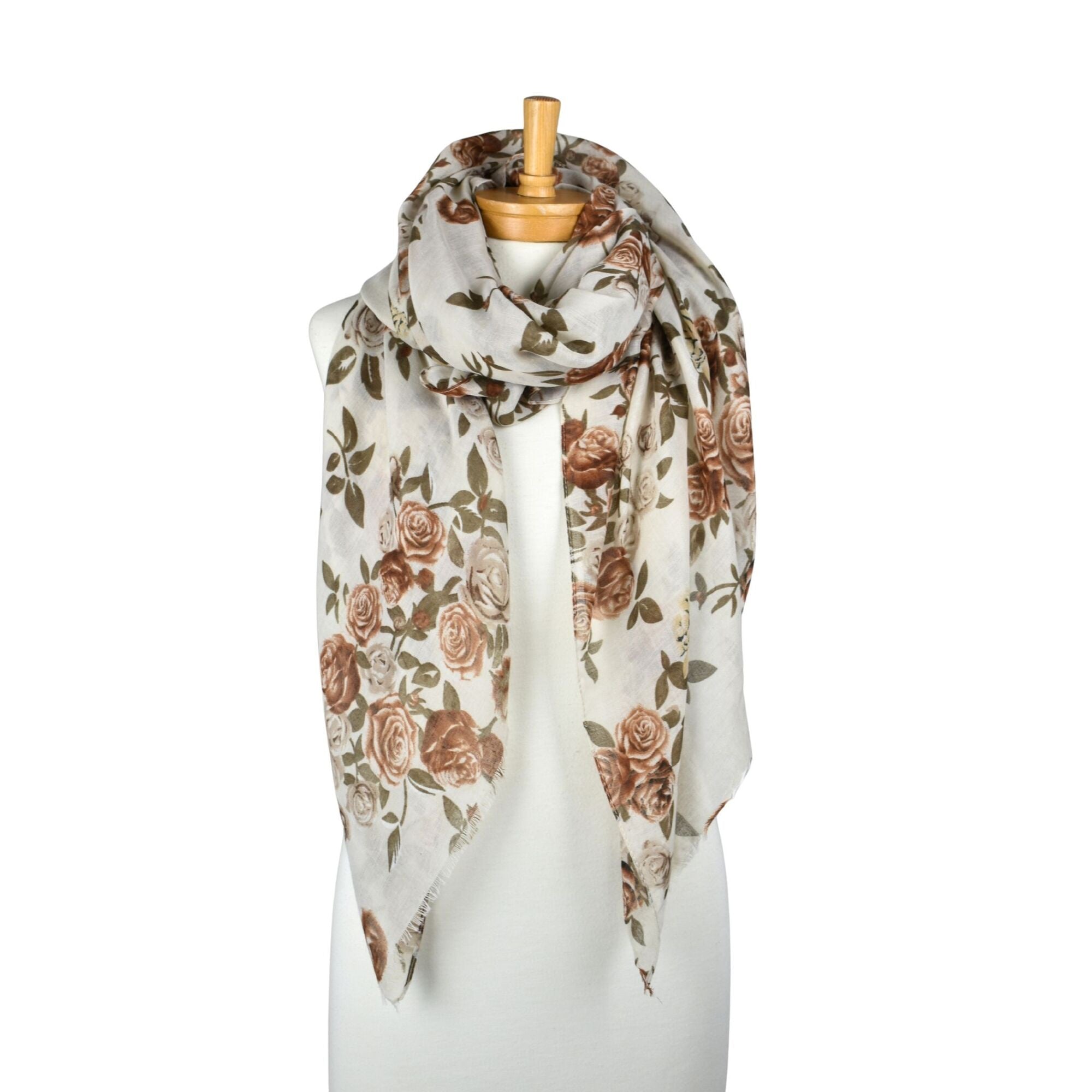 Vintage Rose Garden Scarf - White & Brown