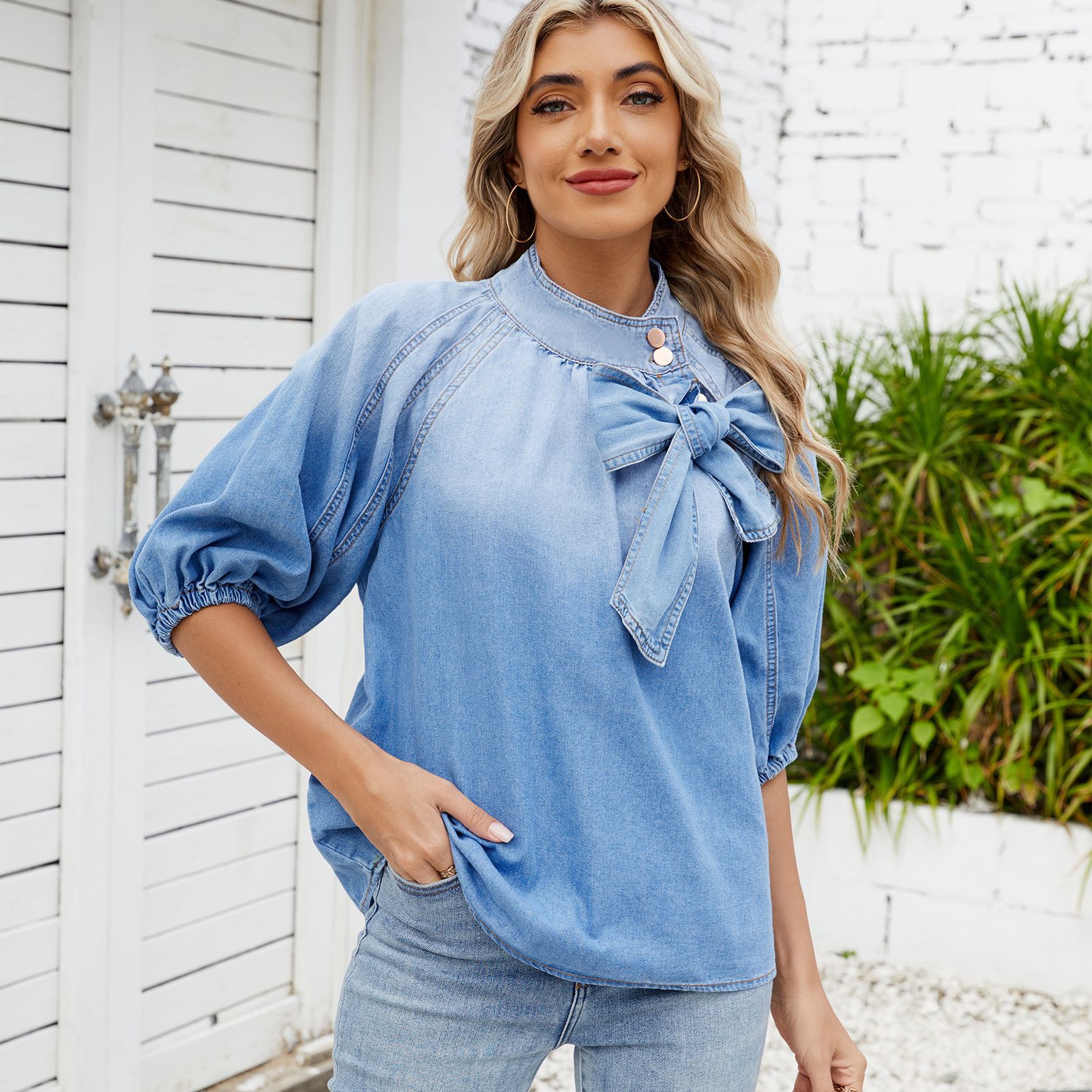 Puff-Sleeve Bow Blouse