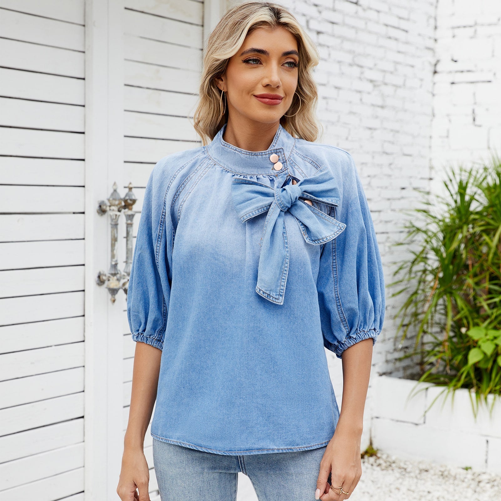 Puff-Sleeve Bow Blouse