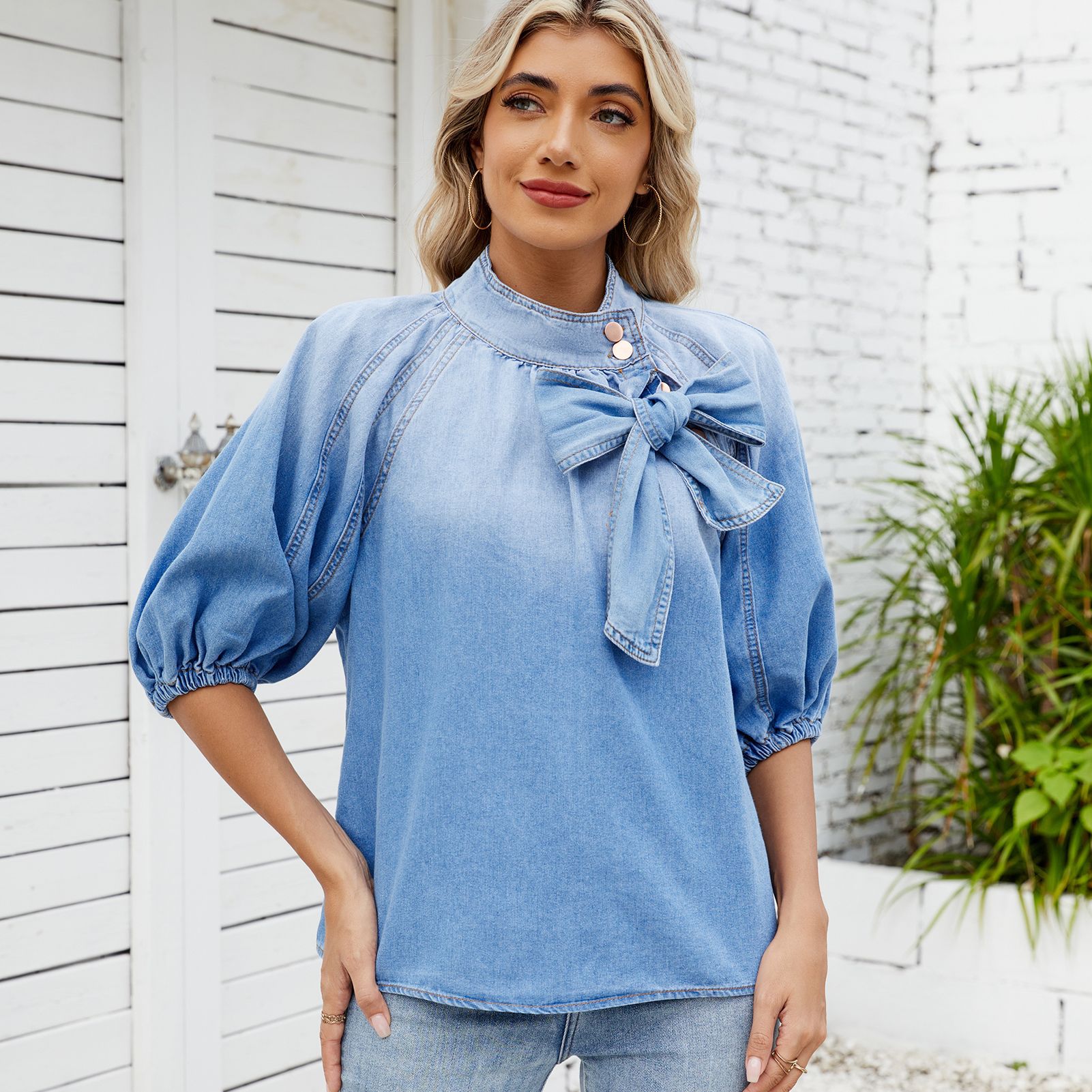 Puff-Sleeve Bow Blouse