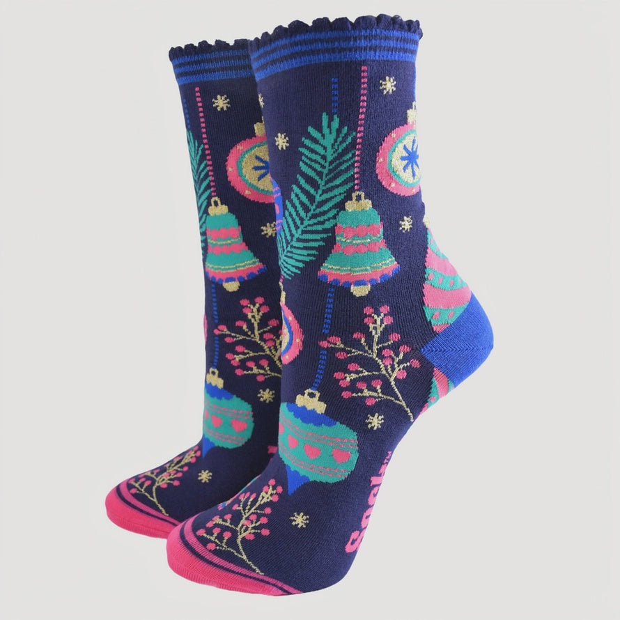 Christmas Baubles Bamboo Socks in Navy/Multi