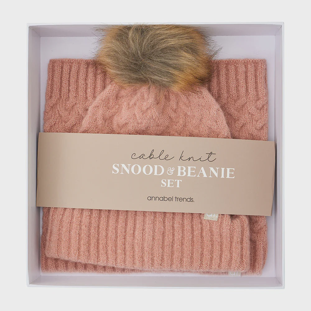 Cable Knit Snood &amp; Beanie Set - Pink