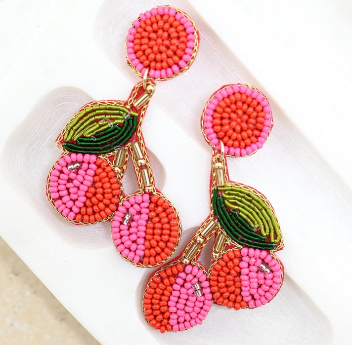 Beaded Pink Cherry Earrings