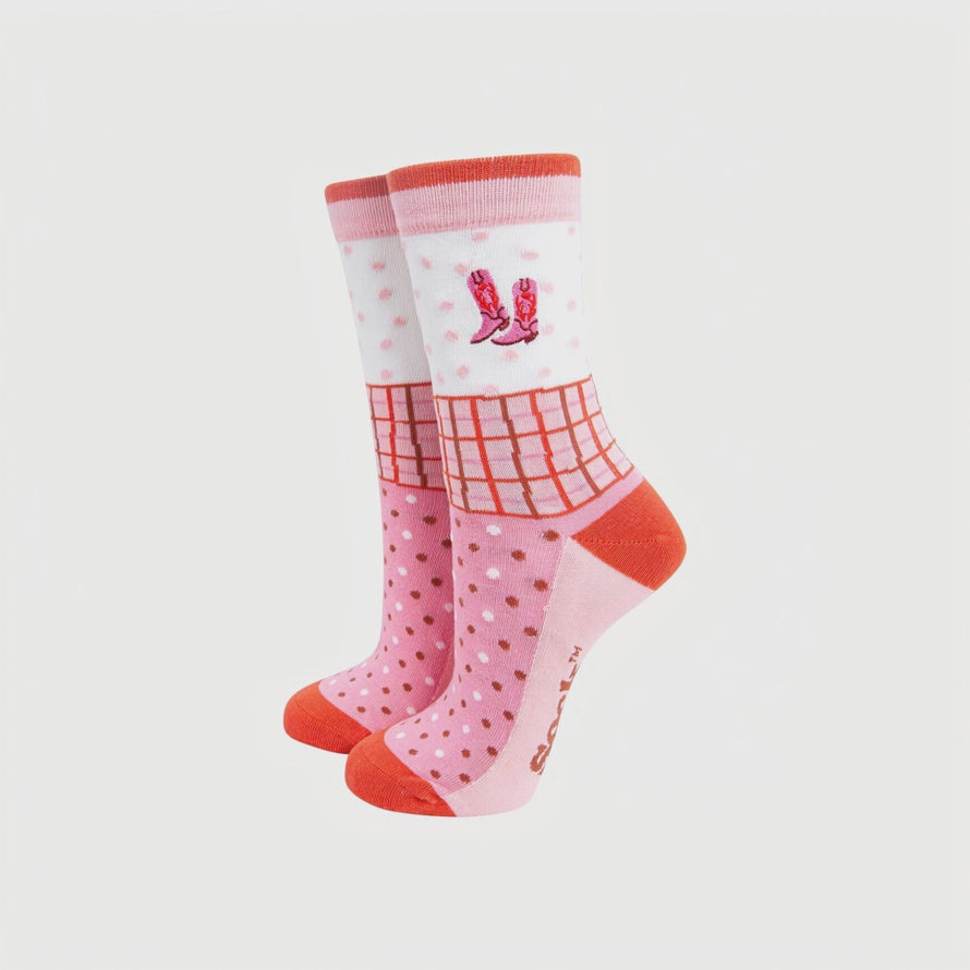 Embroidered Cowboy Boots Combed Cotton Socks in Pink