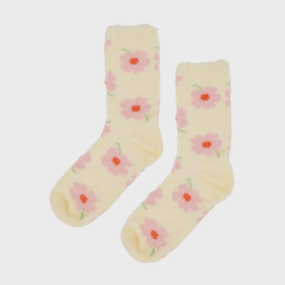 Fuzzy Bed Socks - Flower Cream