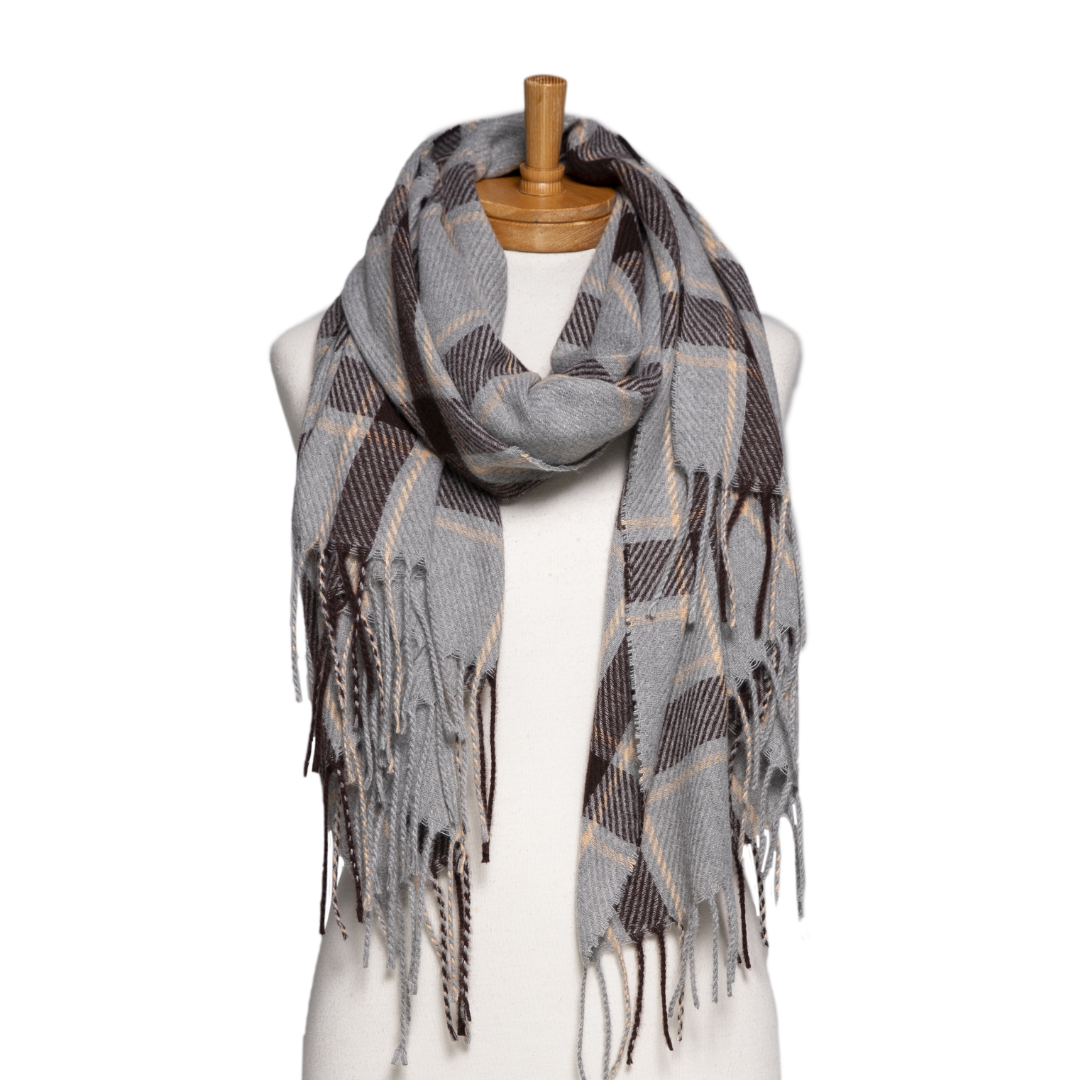 Grey Checked Fringe Scarf