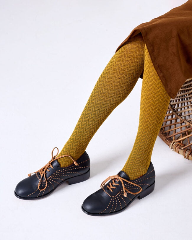 Herringbone Merino Wool Tights - Mustard