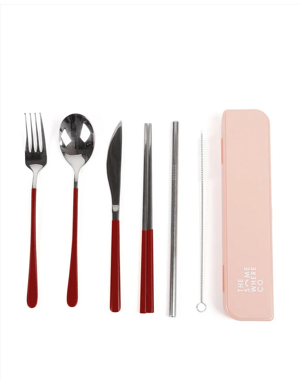 Take Me Away Cutlery Kit - Silver & Burgundy