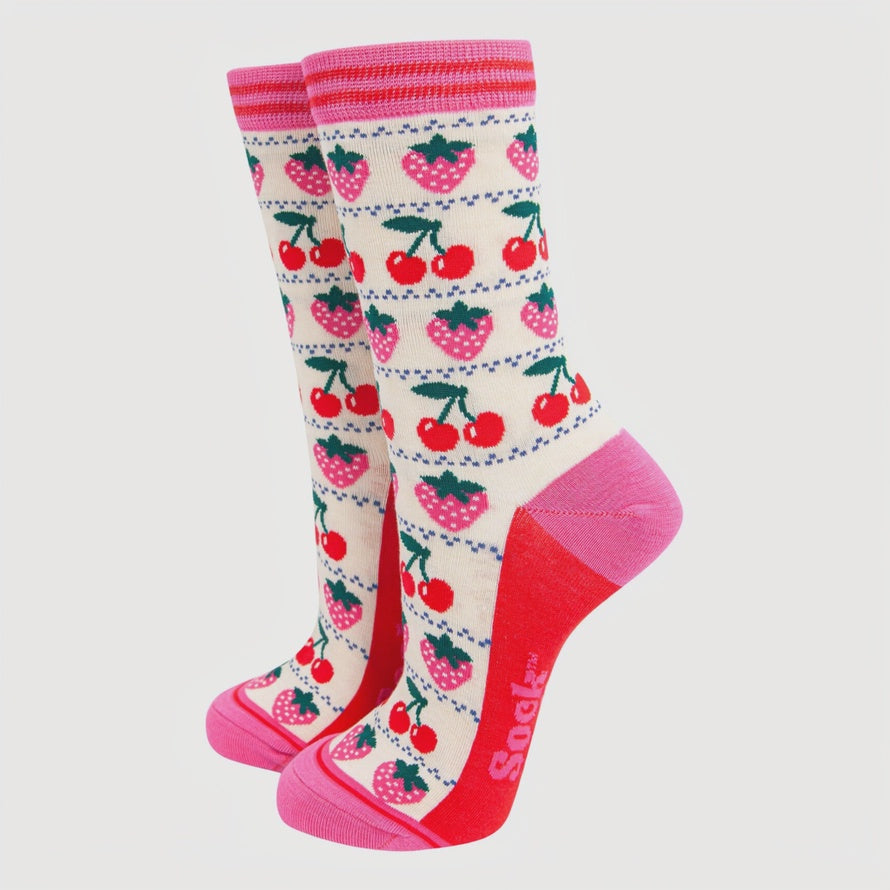 Strawberry Cherry Fair Isle Bamboo Socks in Cream