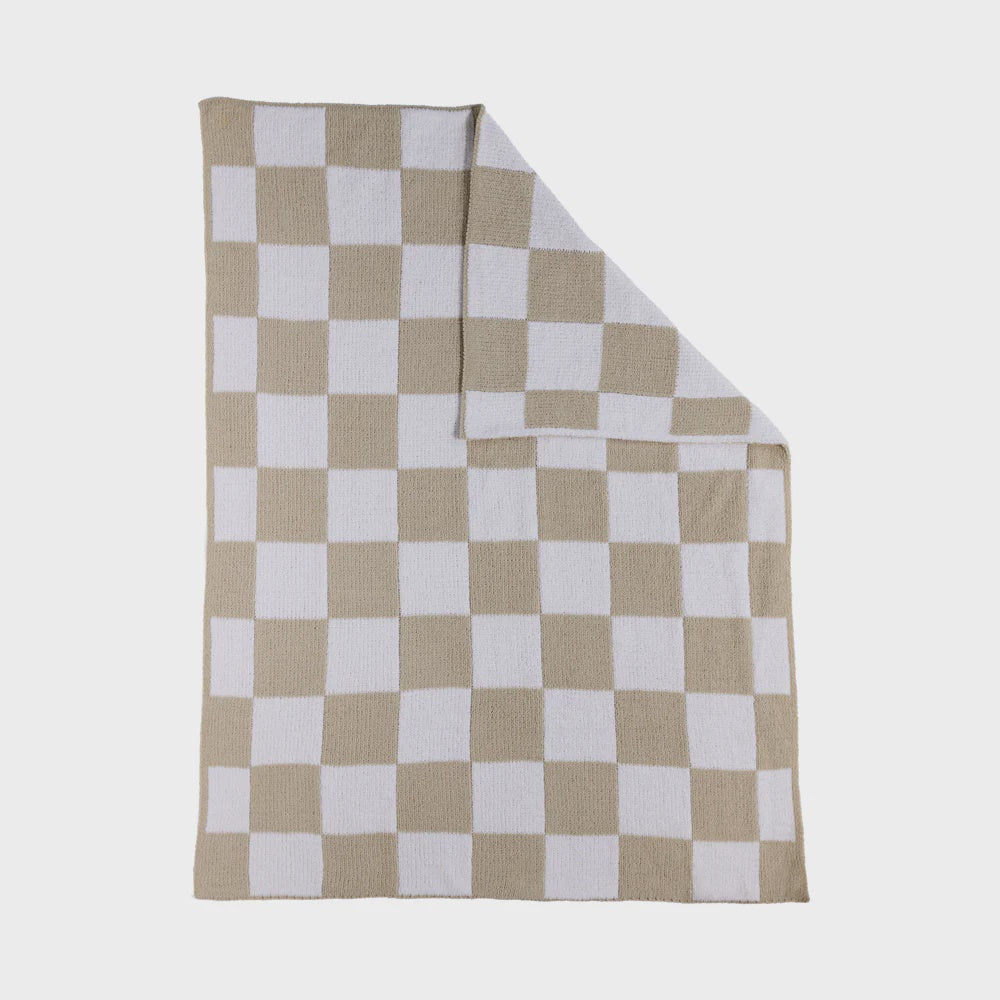 Chenille Knitted Blanket - Taupe Check