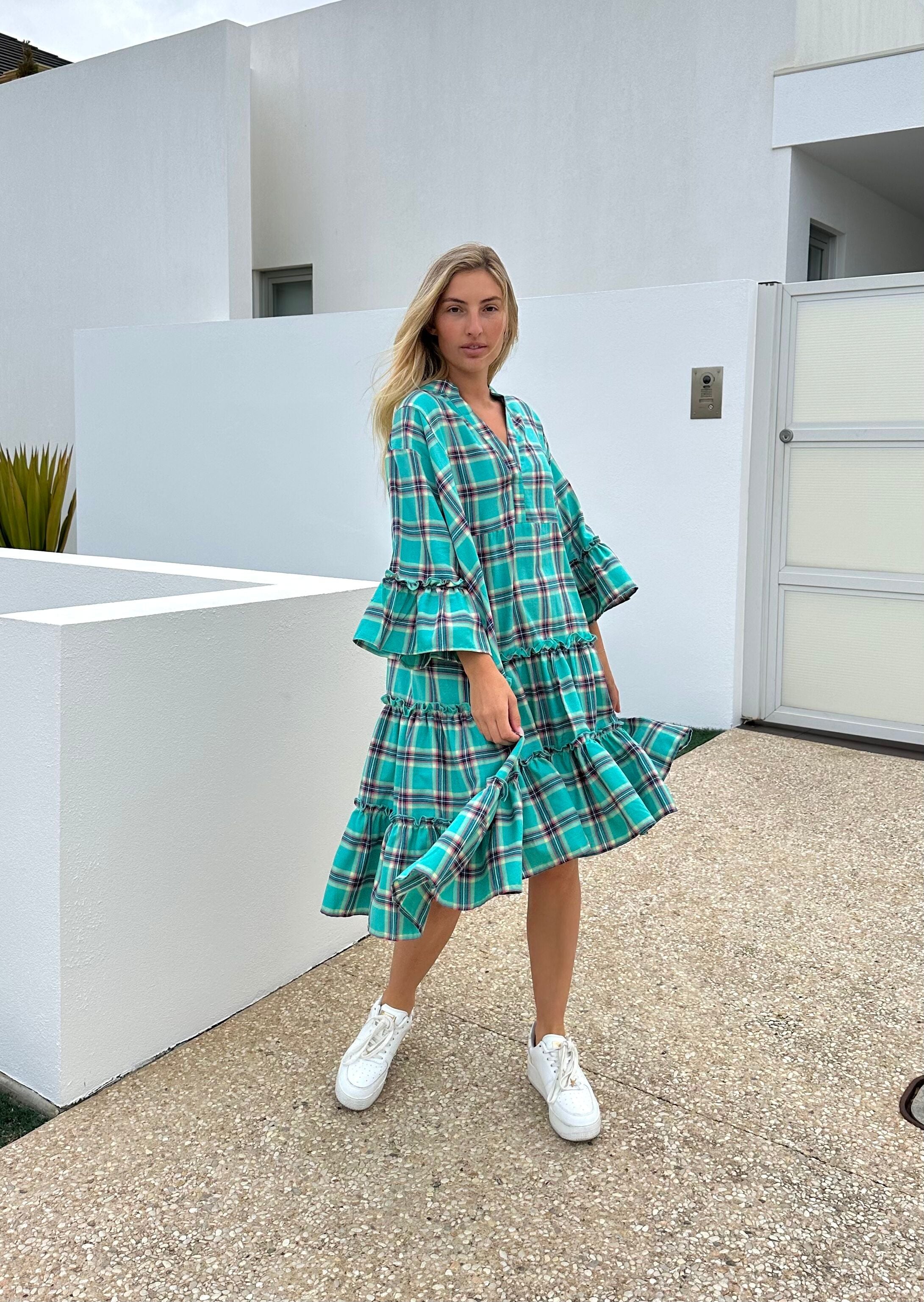 Thalia Check Dress - Turquoise