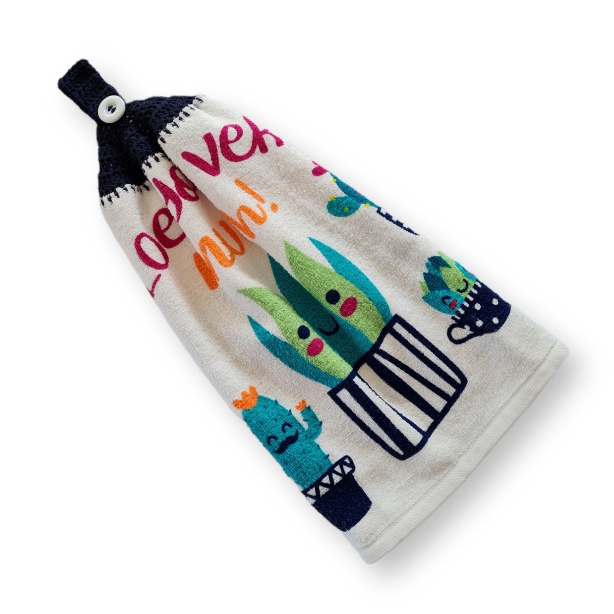 Crochet topped hanging kitchen hand towel - Aloe You Vera Much