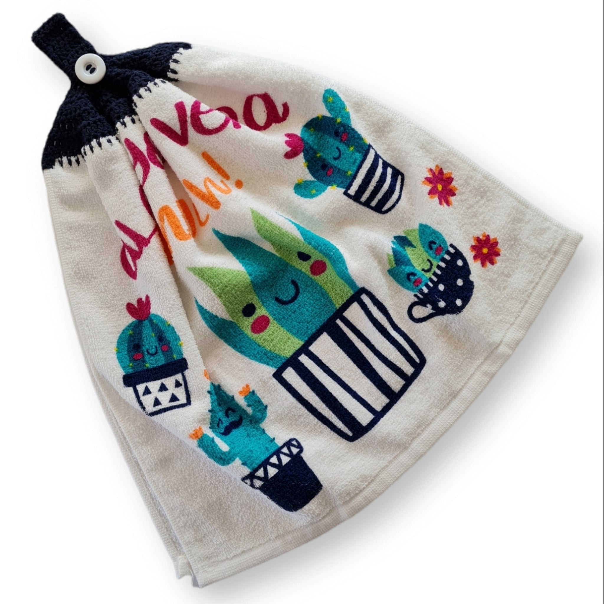 Crochet topped hanging kitchen hand towel - Aloe You Vera Much