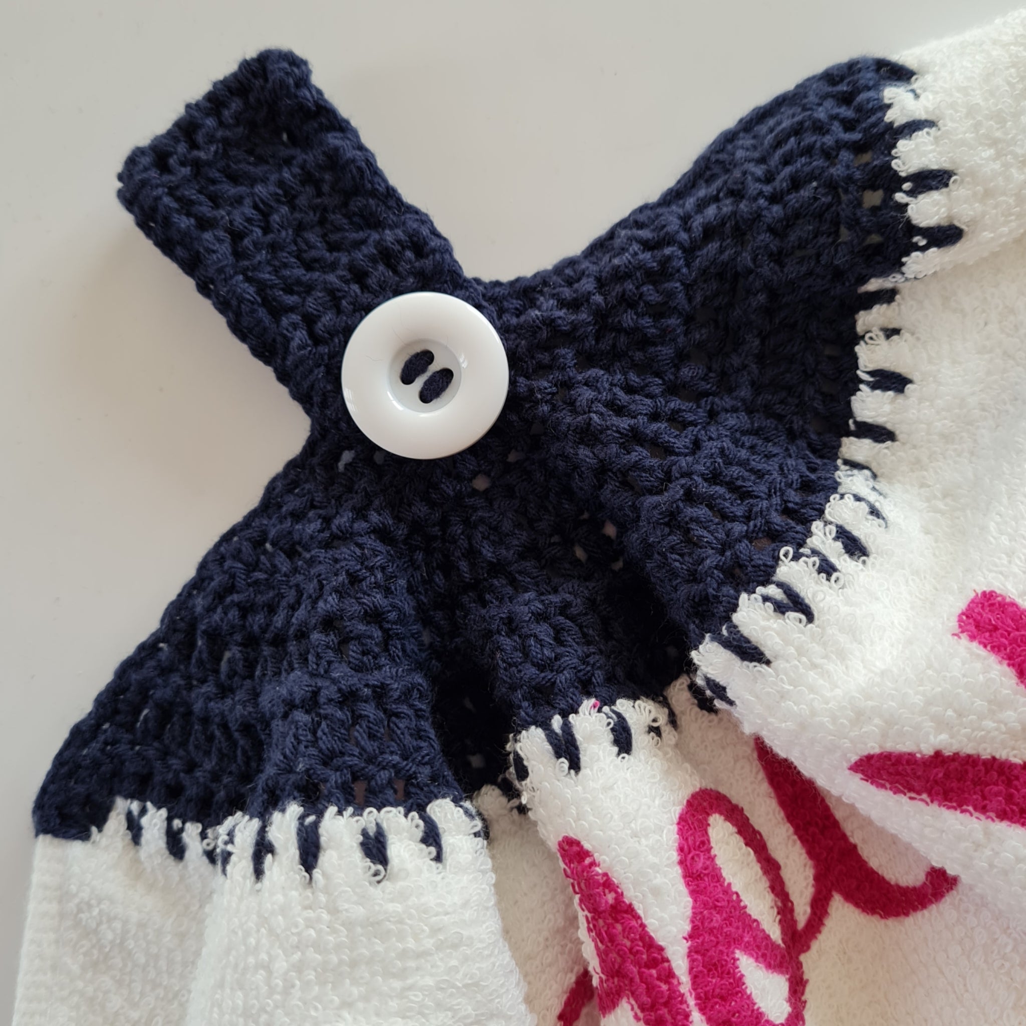 Crochet topped hanging kitchen hand towel - Aloe You Vera Much