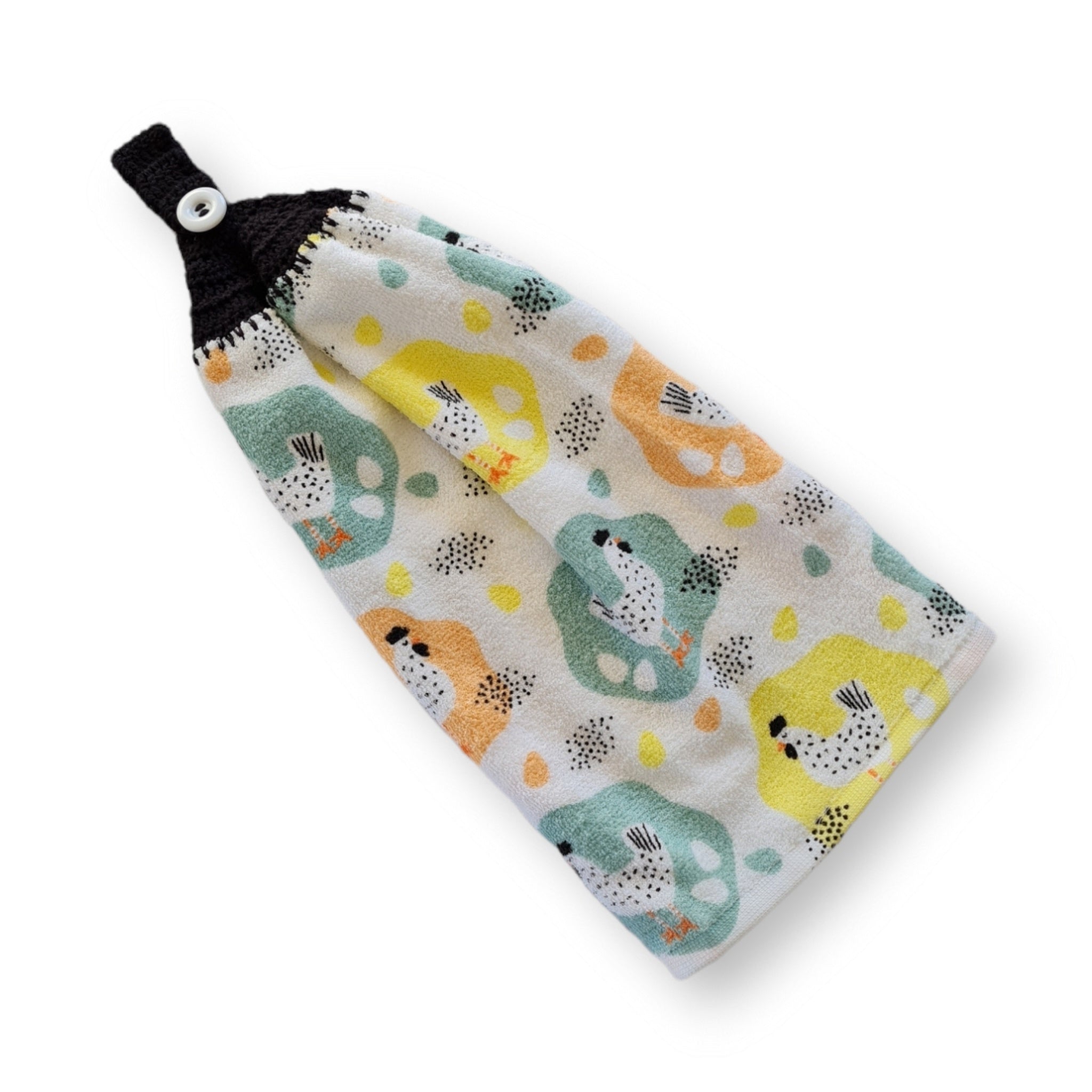 Crochet topped hanging kitchen hand towel - Cute Chickens & Eggs