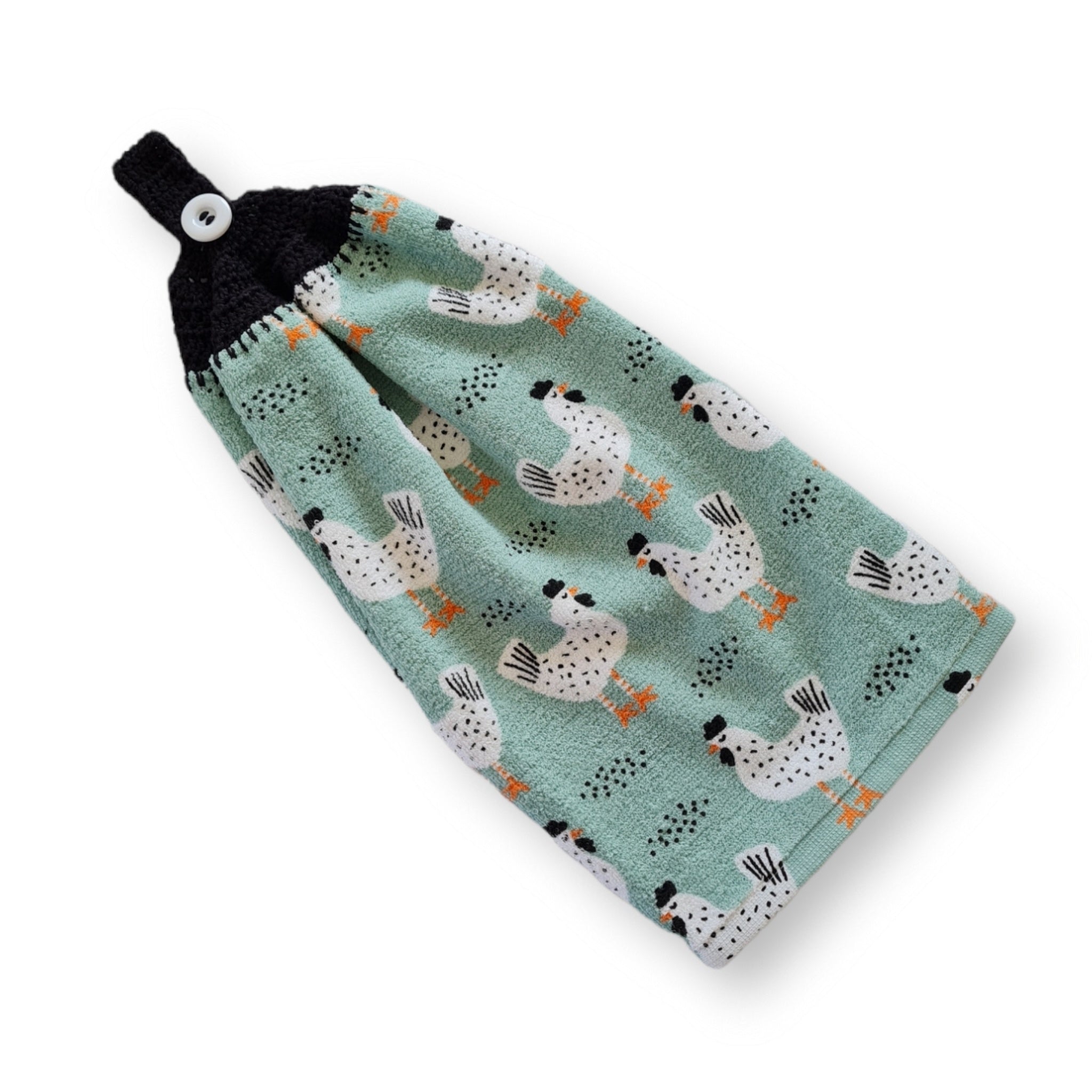 Crochet topped hanging kitchen hand towel - Cute Chickens