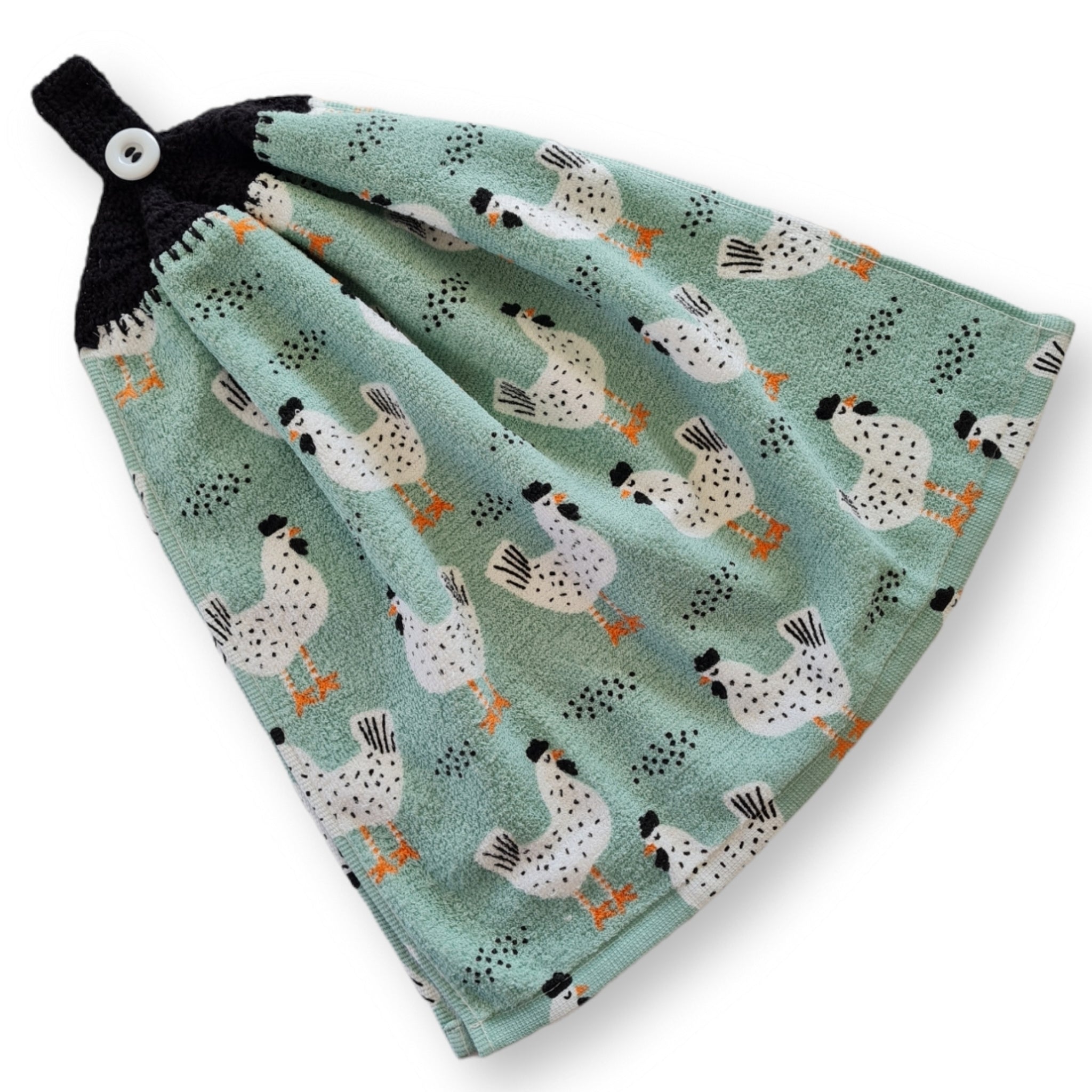 Crochet topped hanging kitchen hand towel - Cute Chickens