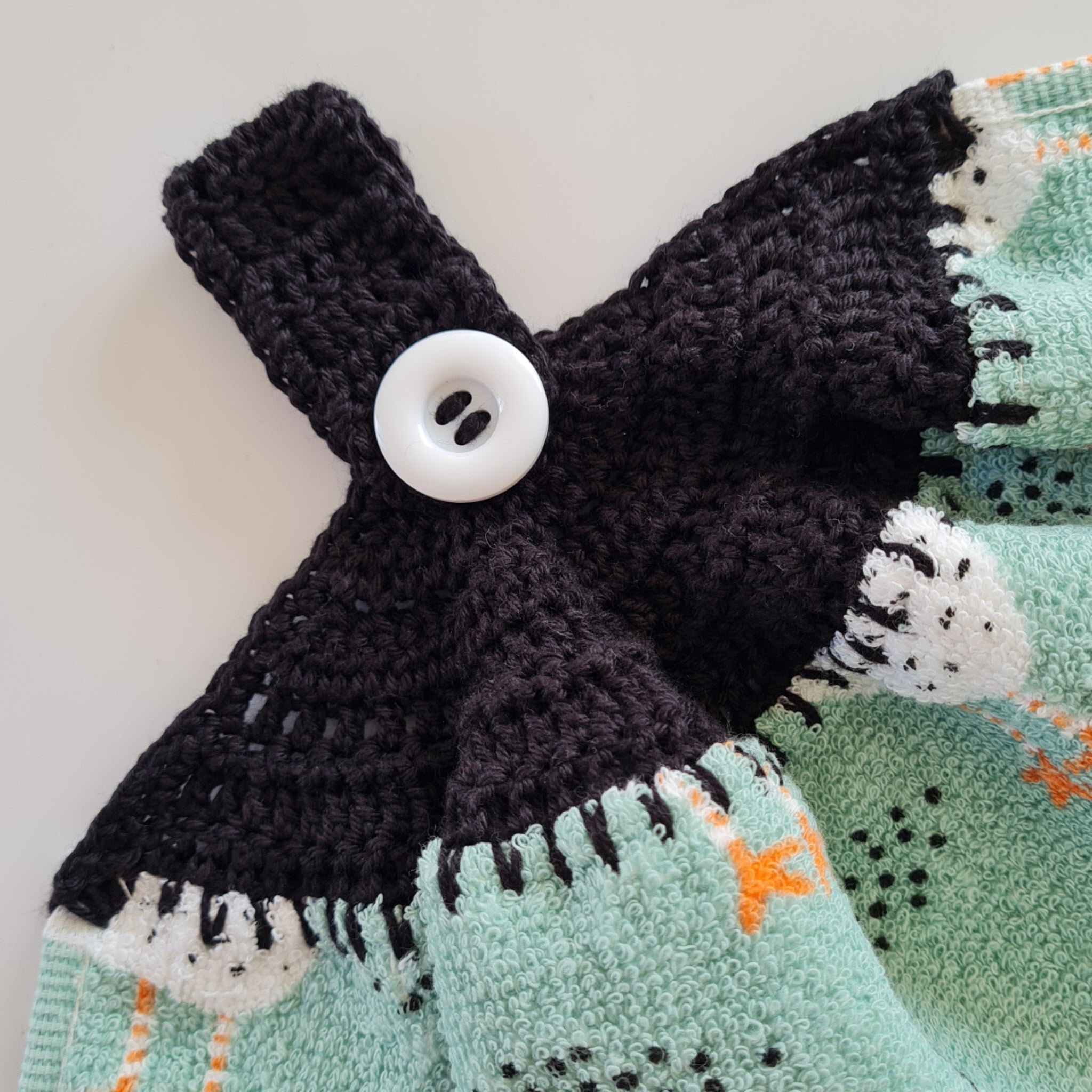 Crochet topped hanging kitchen hand towel - Cute Chickens