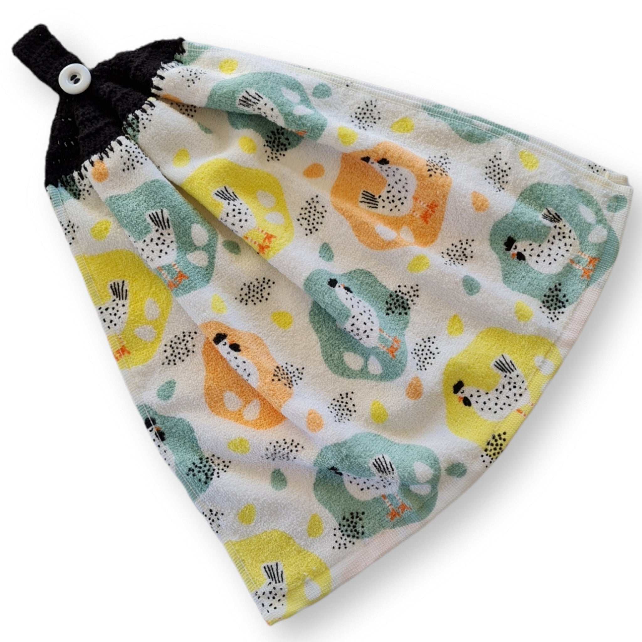 Crochet topped hanging kitchen hand towel - Cute Chickens & Eggs