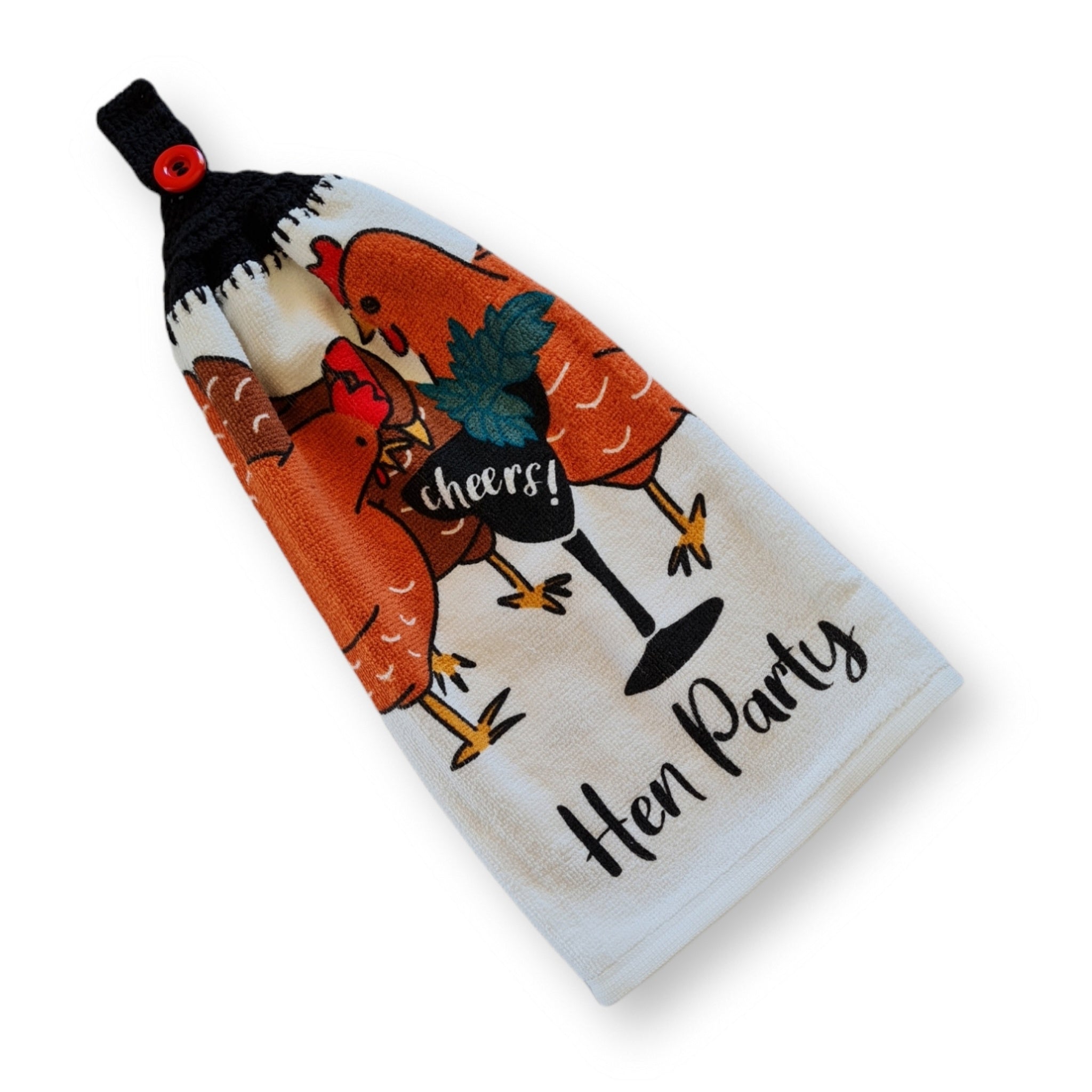 Crochet topped hanging kitchen hand towel - Hen Party