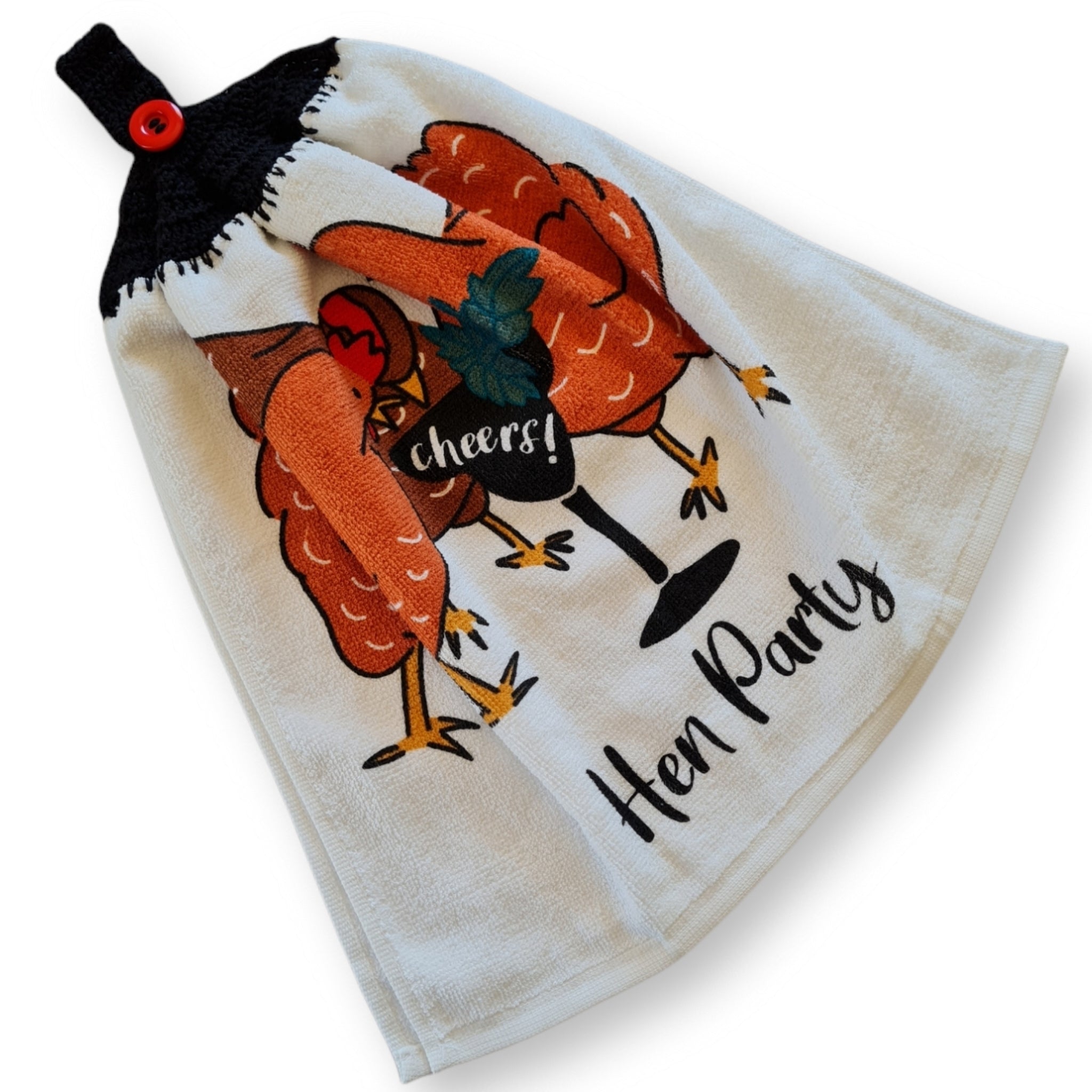 Crochet topped hanging kitchen hand towel - Hen Party