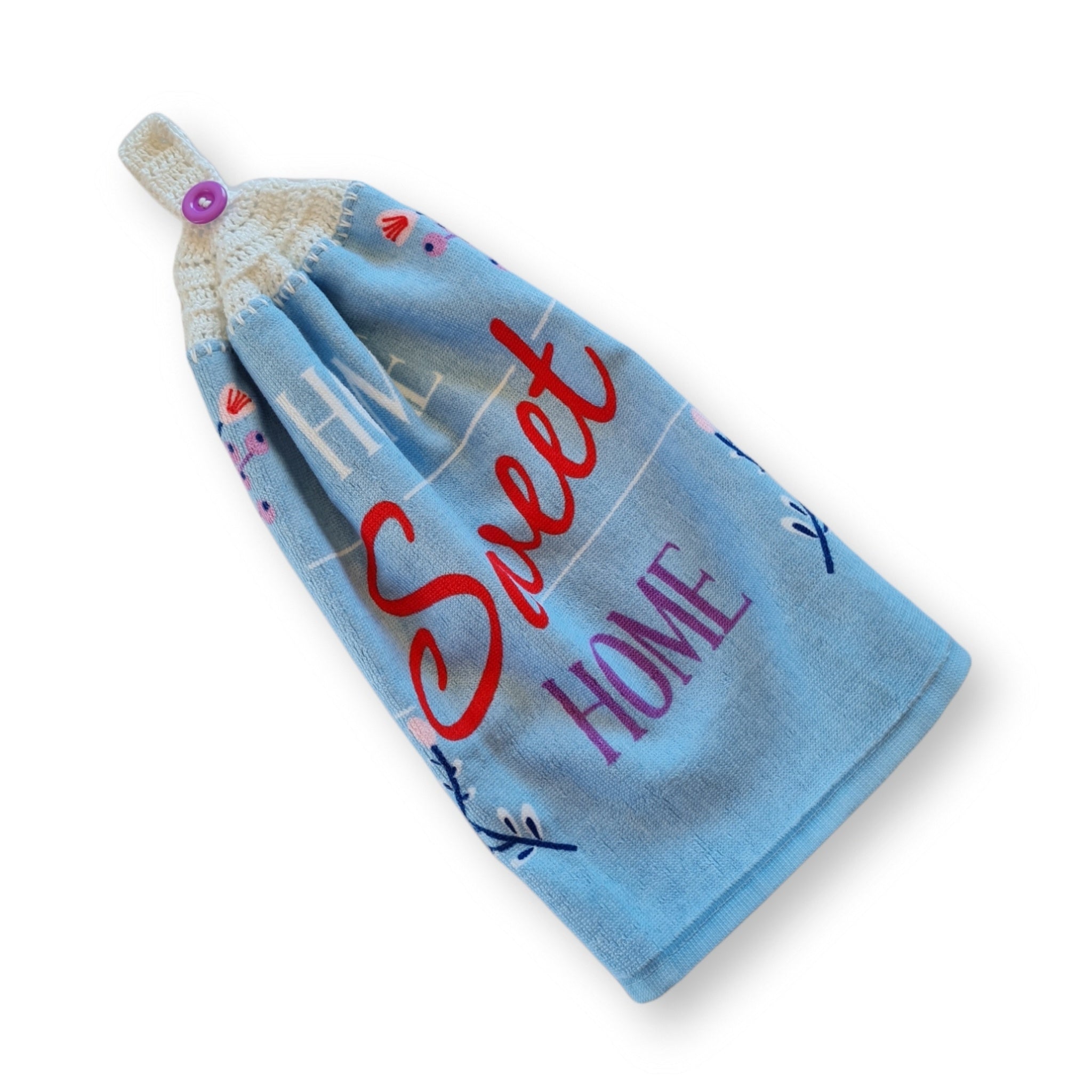 Crochet topped hanging kitchen hand towel - Home Sweet Home