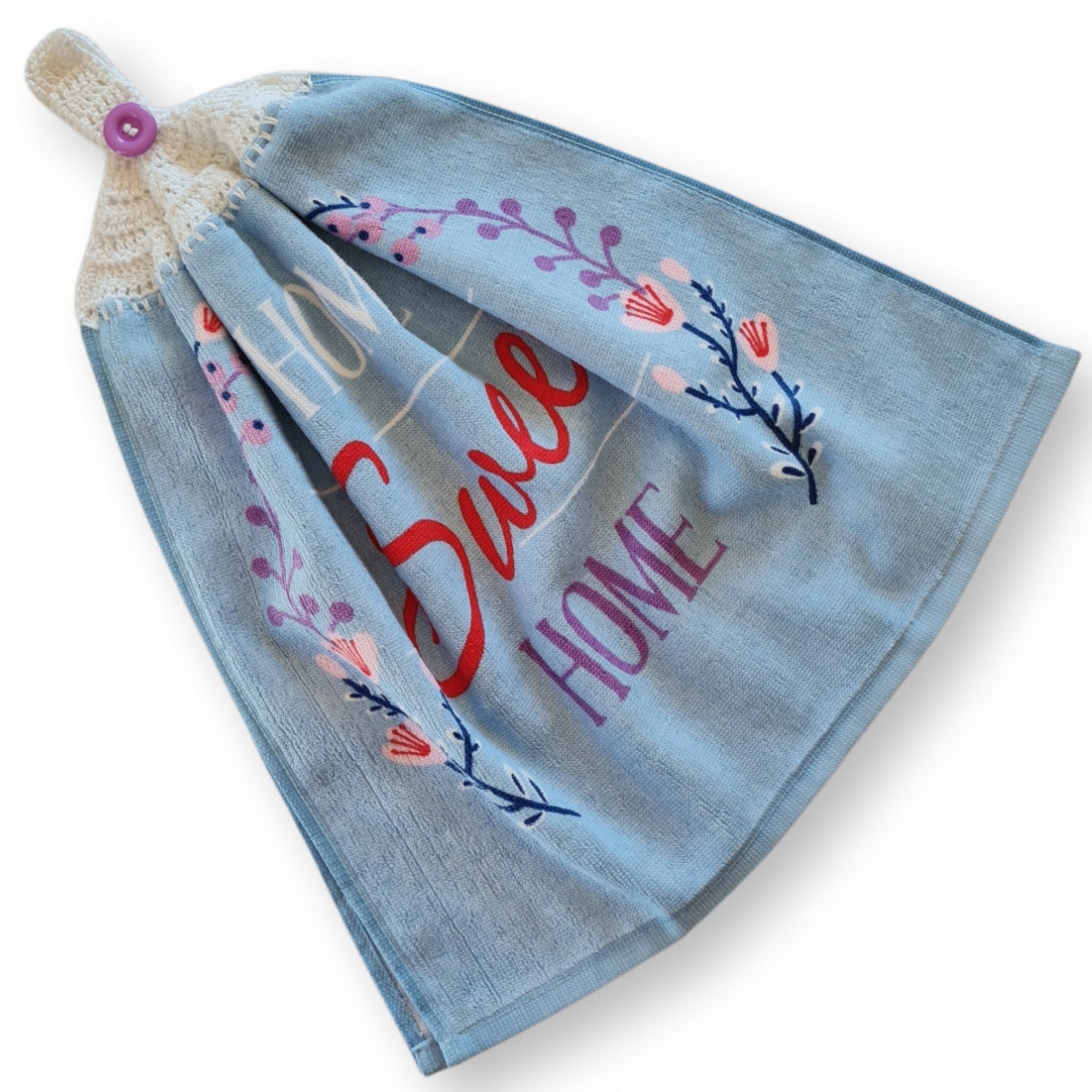Crochet topped hanging kitchen hand towel - Home Sweet Home