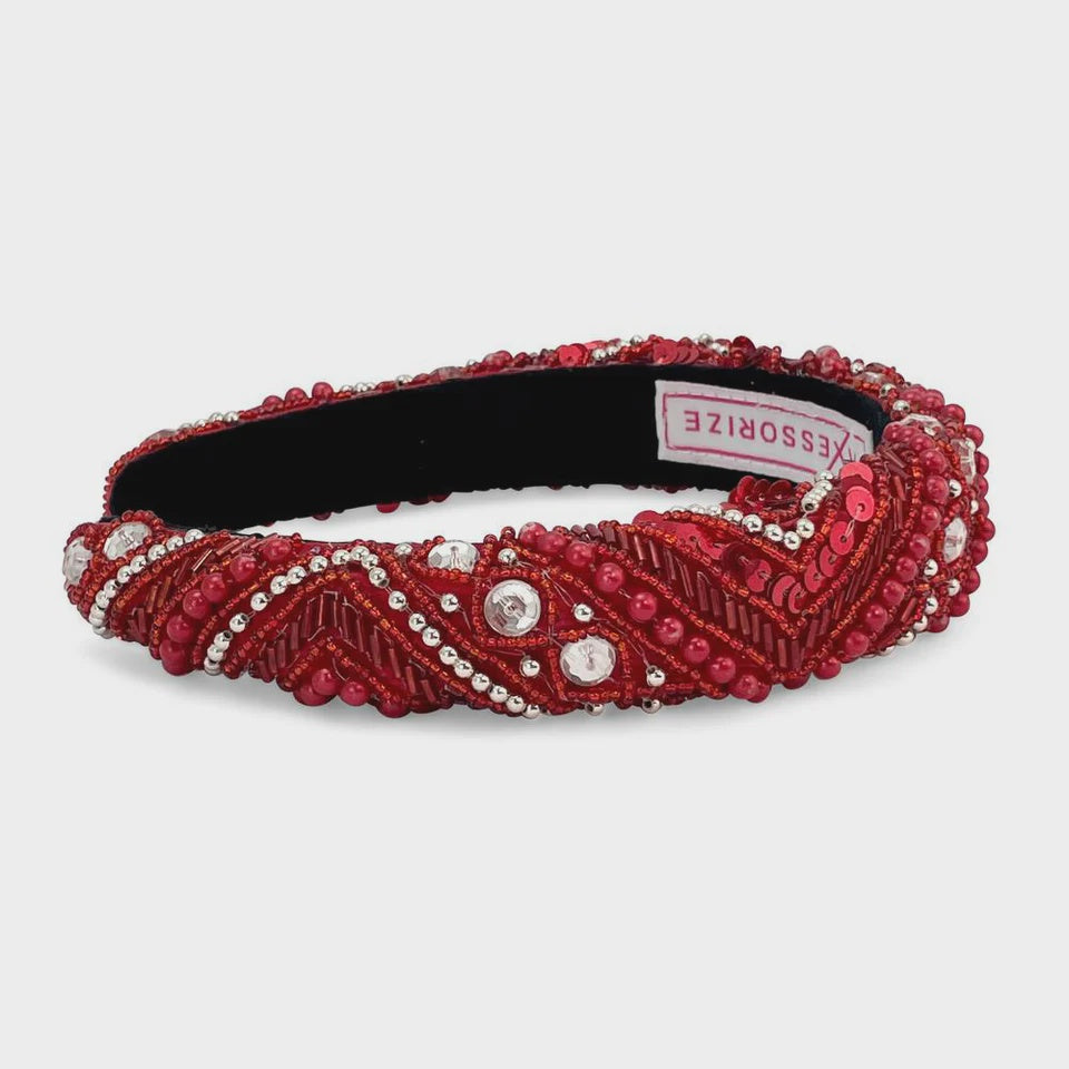 Mixed Bead Sequin Headband - Red