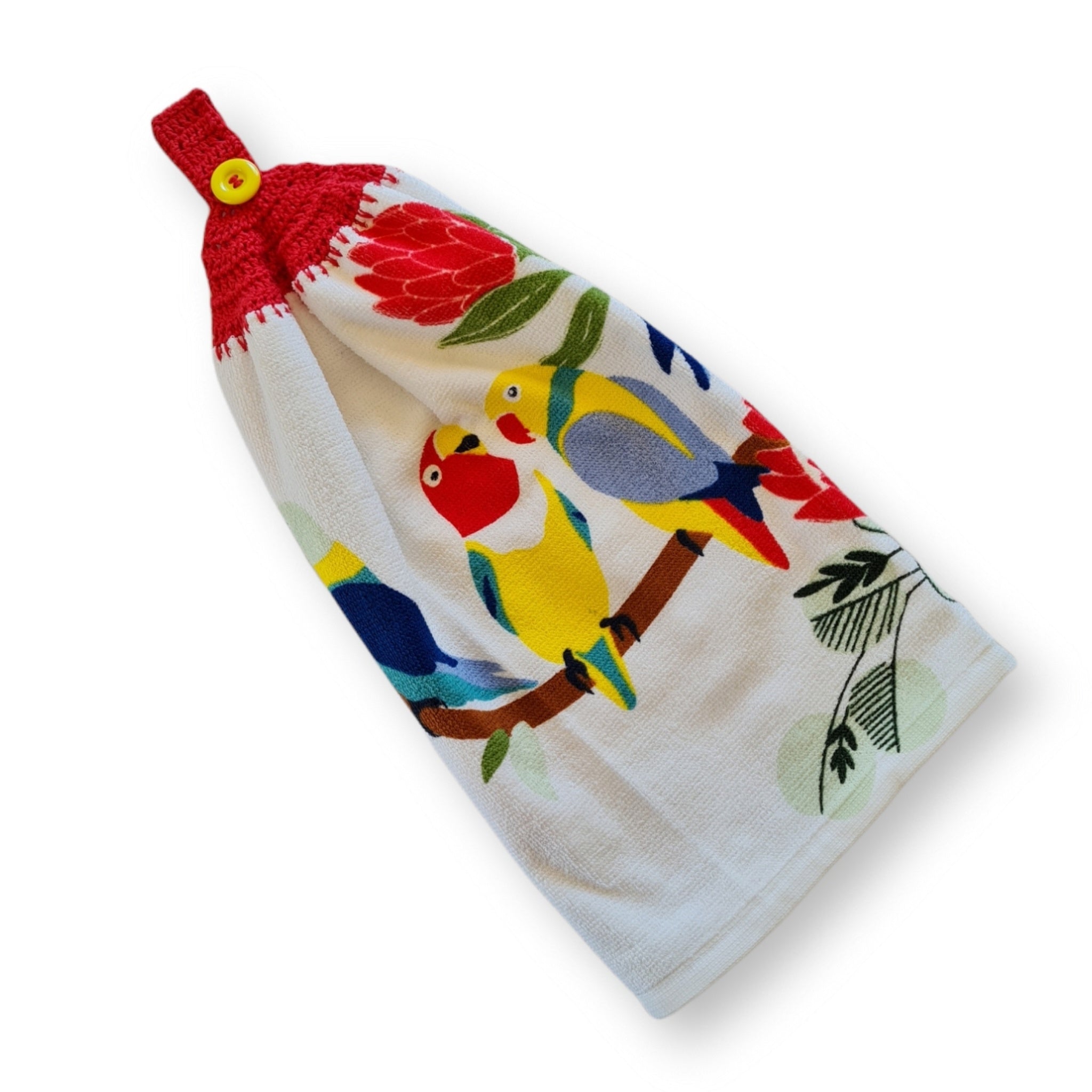 Crochet topped hanging kitchen hand towel -Parrots on a branch