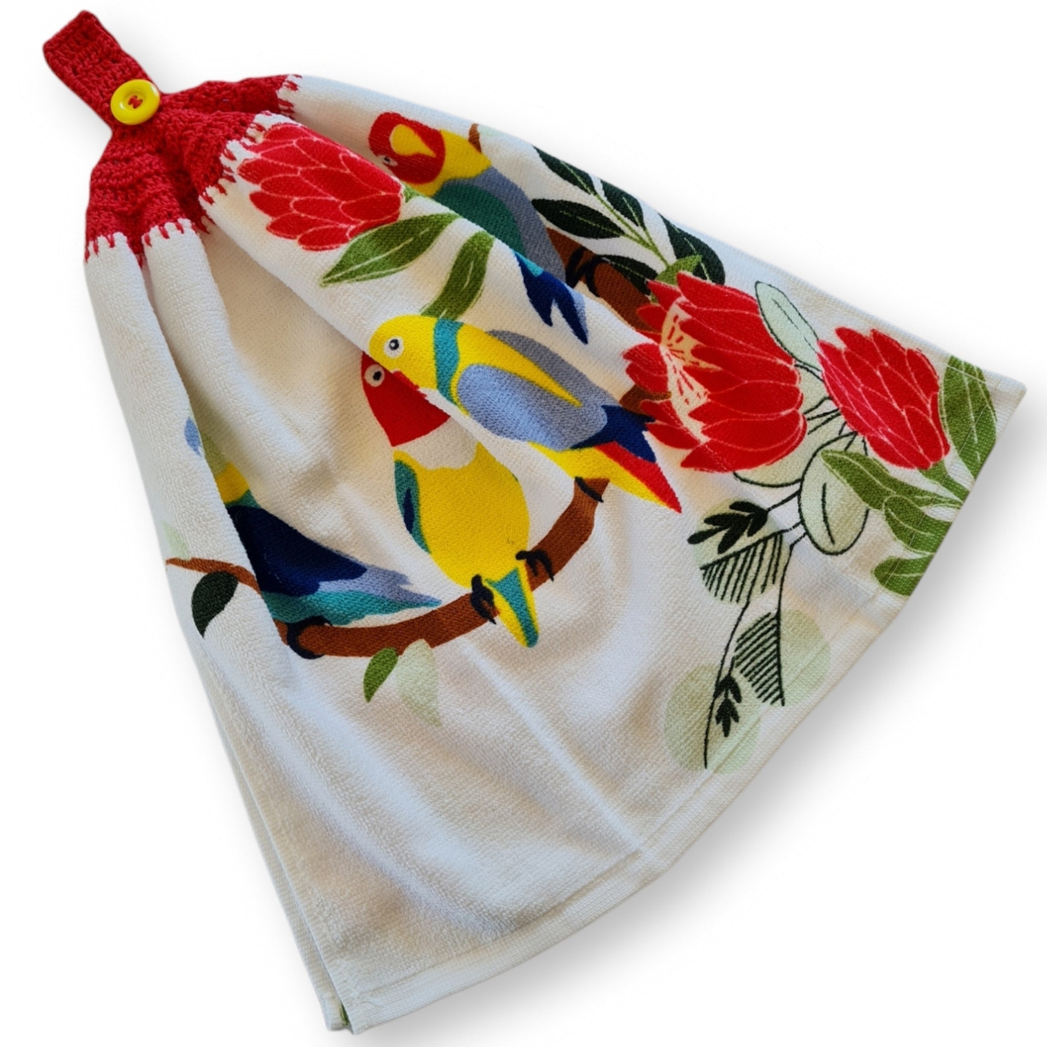 Crochet topped hanging kitchen hand towel -Parrots on a branch