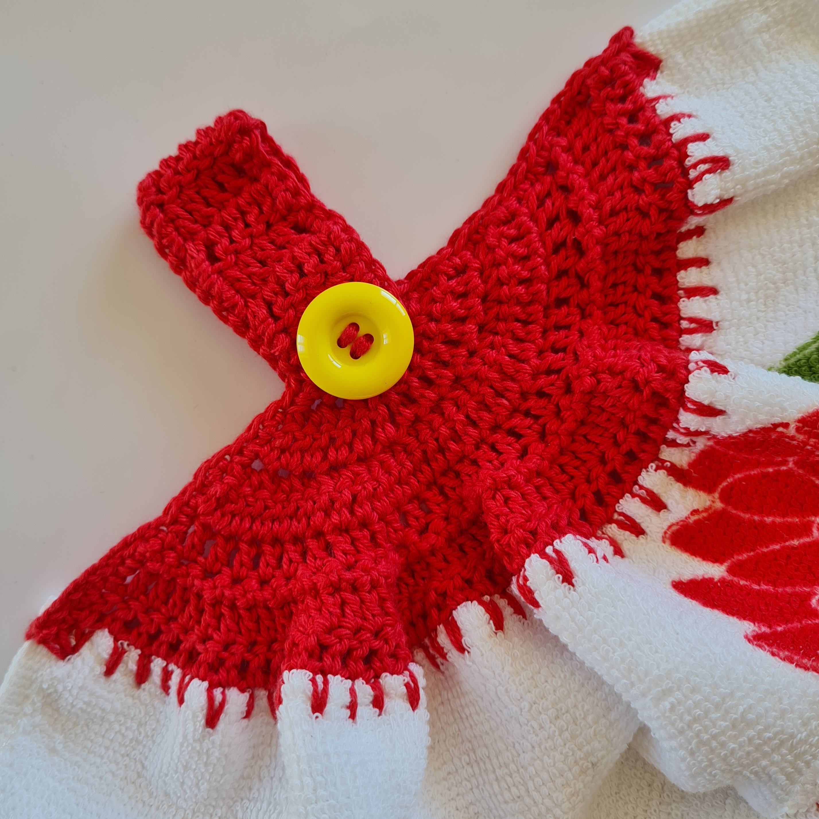 Crochet topped hanging kitchen hand towel -Parrots on a branch
