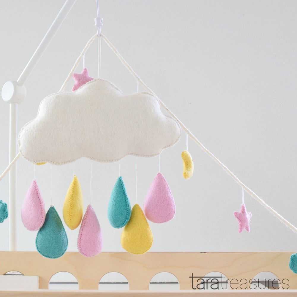Cloud Nursery Mobile - Pink, Yellow & Blue Raindrops
