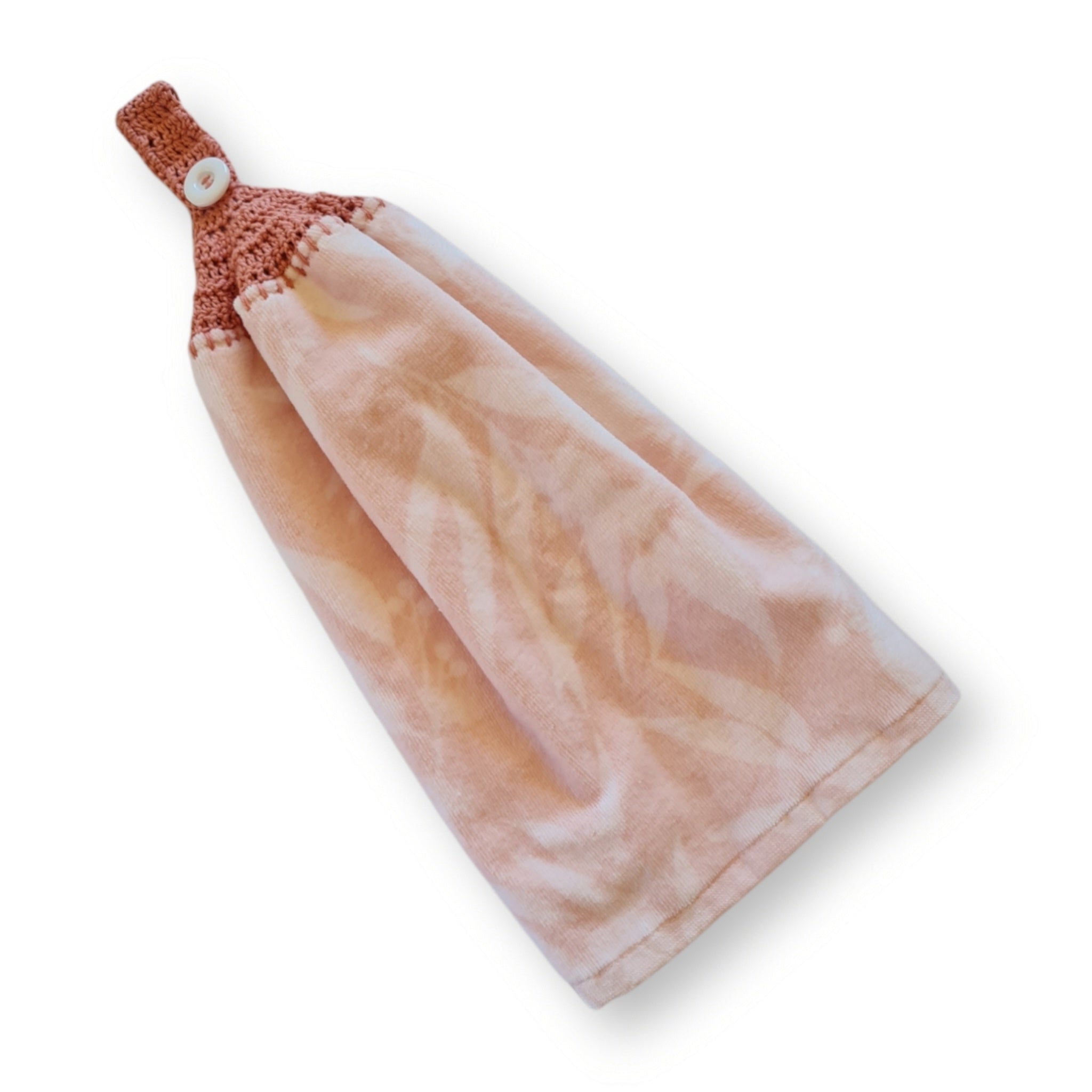 Crochet topped hanging kitchen hand towel - Peach Eucalyptus Leaves