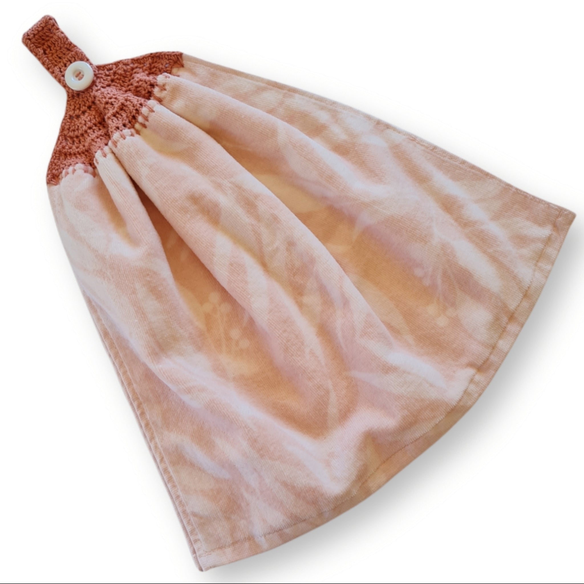 Crochet topped hanging kitchen hand towel - Peach Eucalyptus Leaves