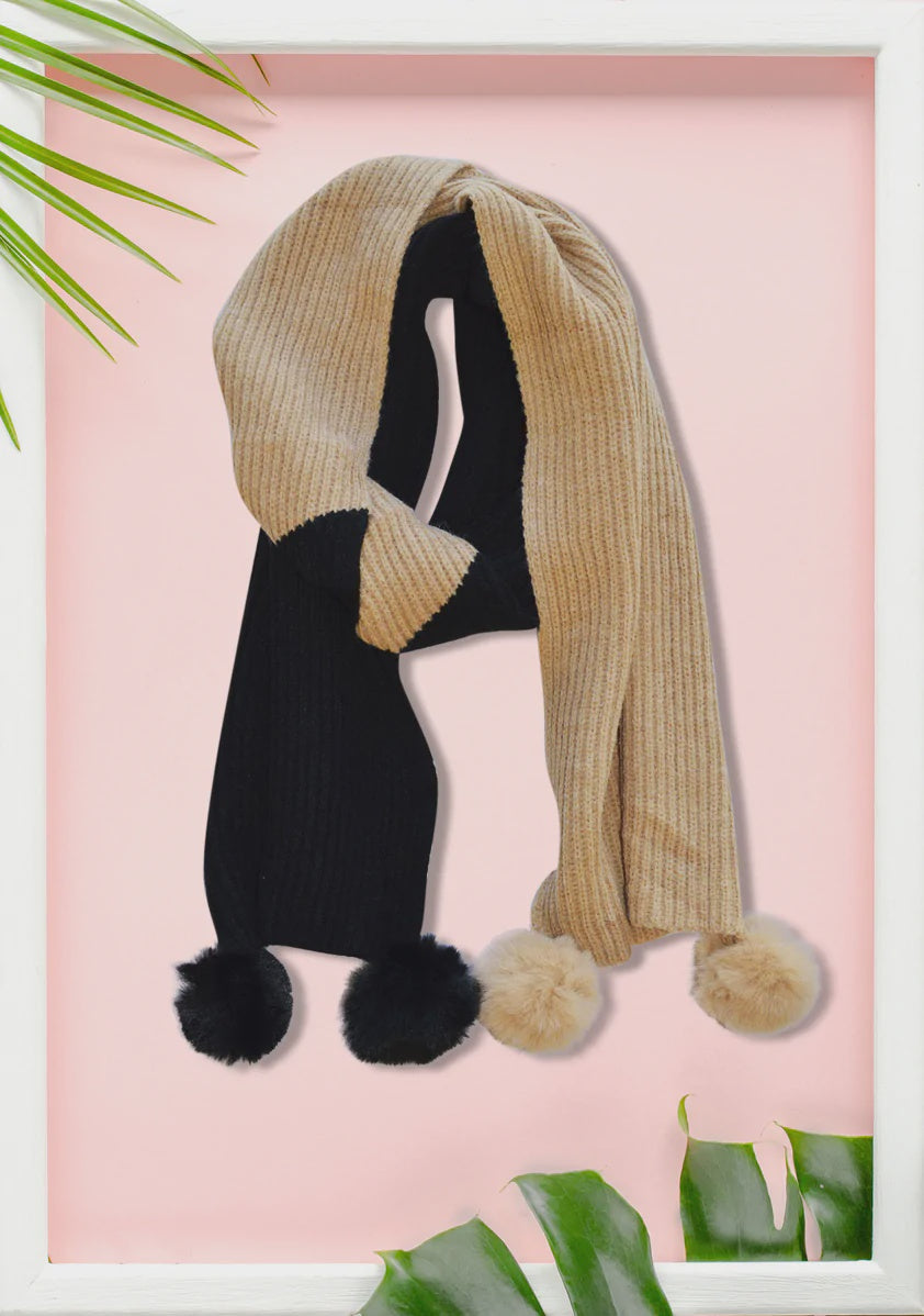 Kokomia Black & Beige Pom Pom Scarf
