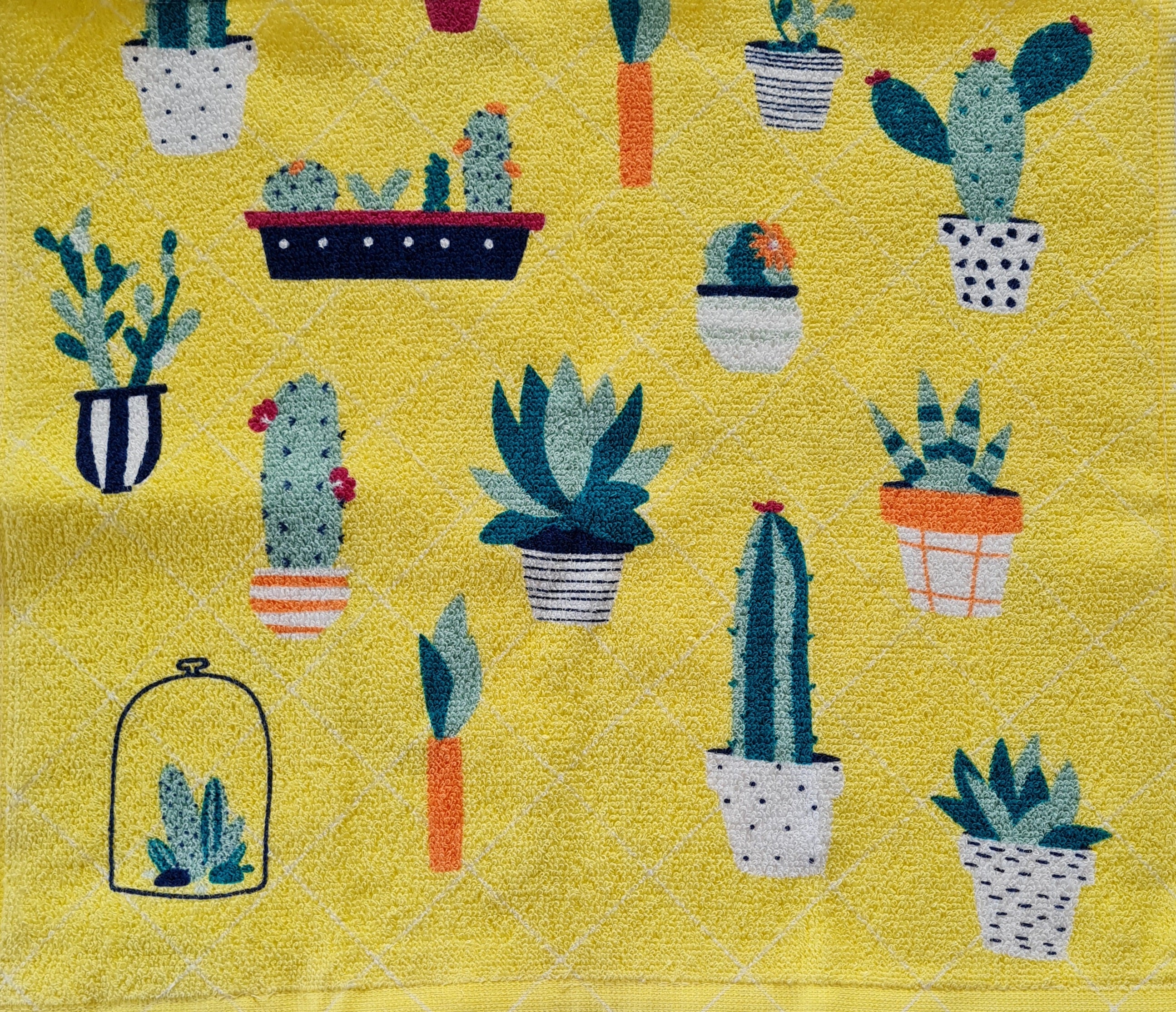 Crochet topped hanging kitchen hand towel - Pot plants and cactus