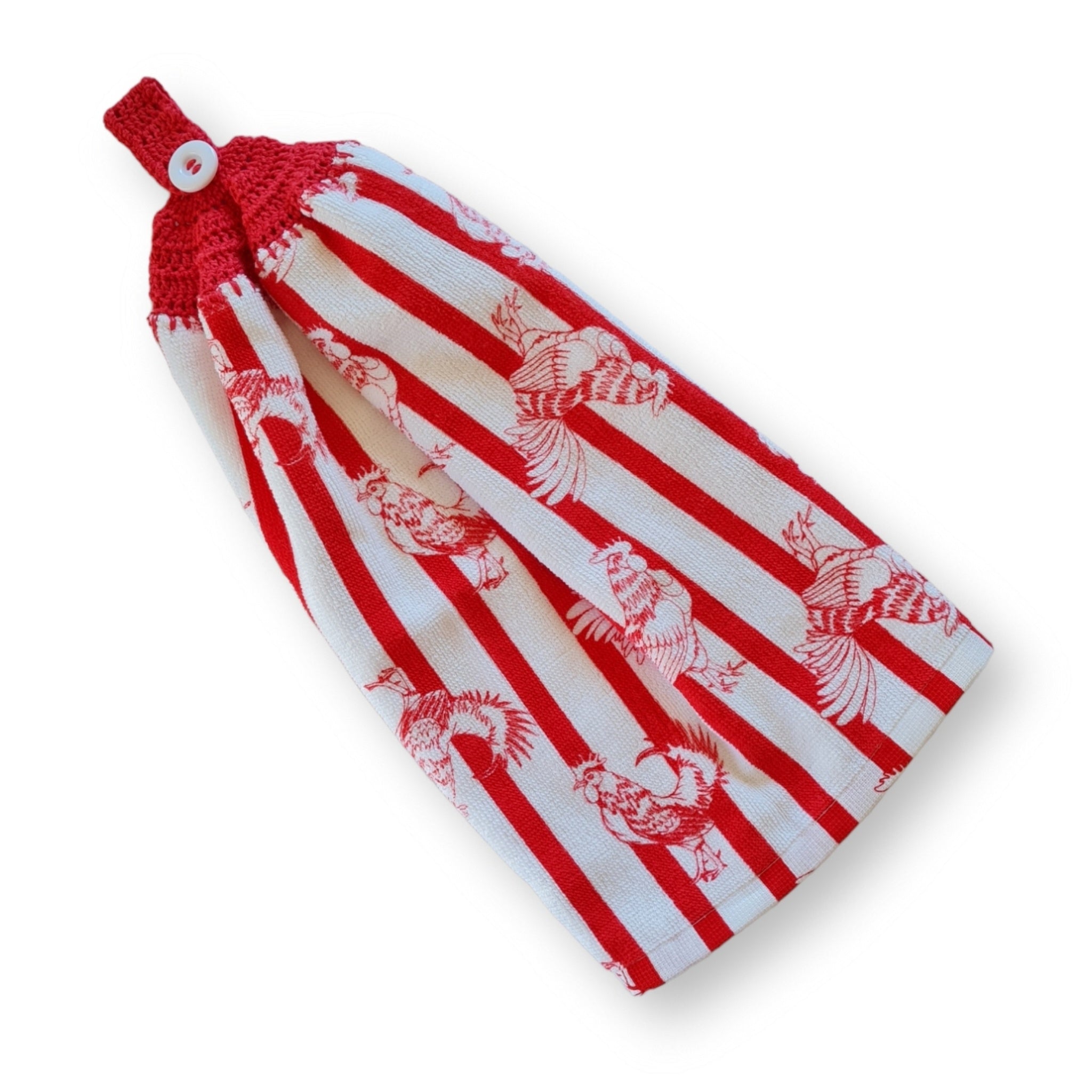 Red Roosters and Stripes crochet topped hanging kitchen hand towel