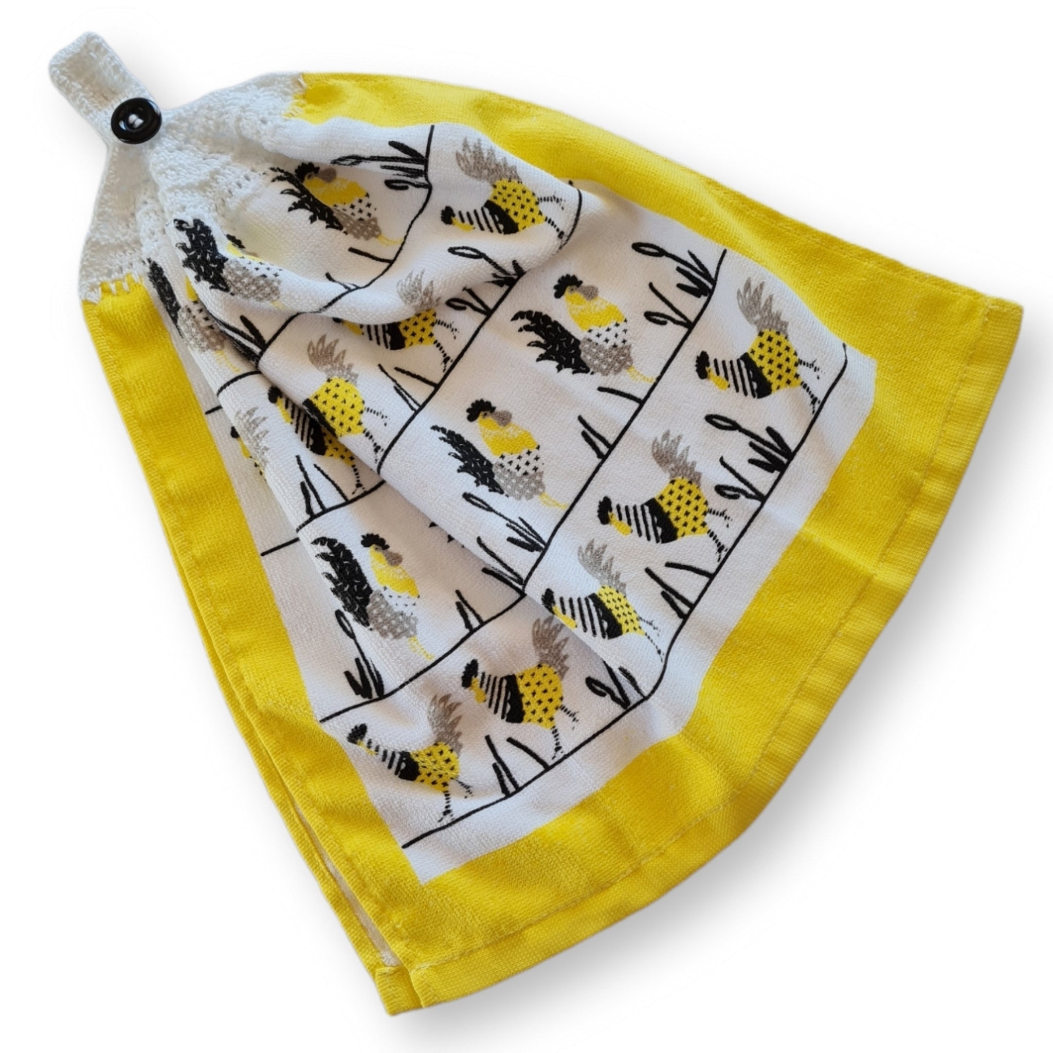 Crochet topped hanging kitchen hand towel -Roosters in a row
